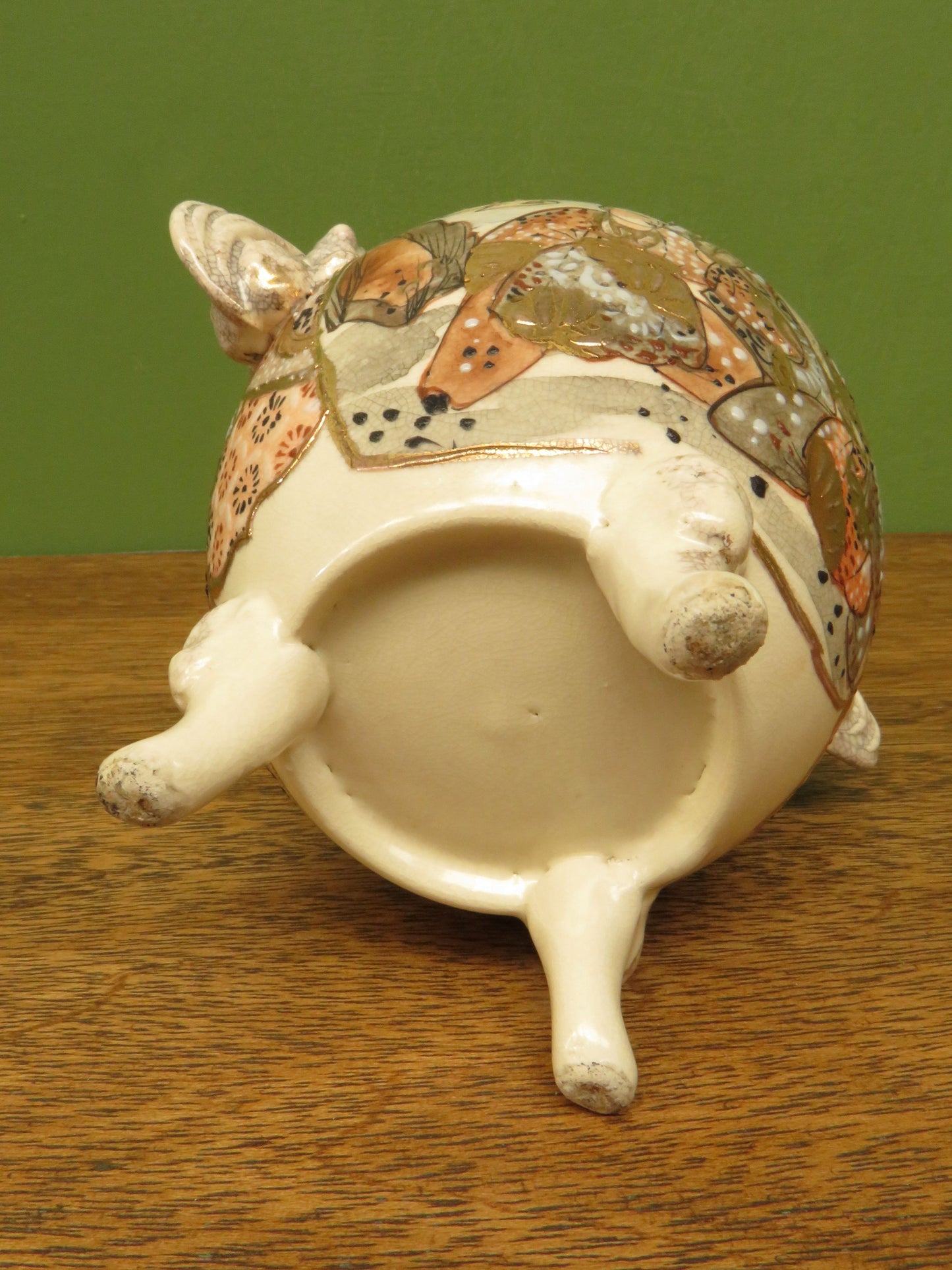 Japanese late Satsuma lidded censer with Moriage decoration & Foo dog handles