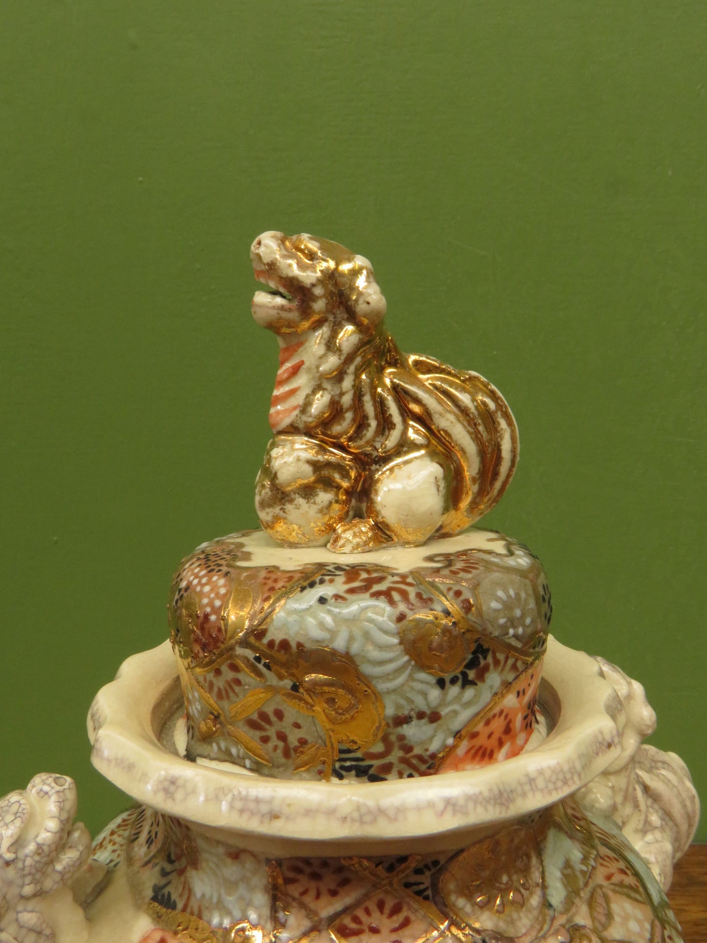 Japanese late Satsuma lidded censer with Moriage decoration & Foo dog handles