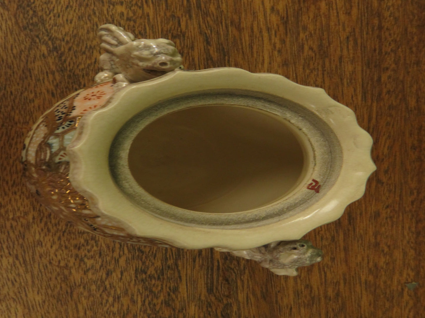 Japanese late Satsuma lidded censer with Moriage decoration & Foo dog handles
