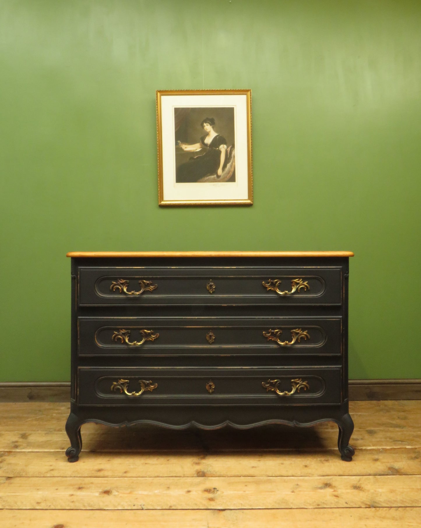 French Black Painted Chest of Drawers with Wooden Top