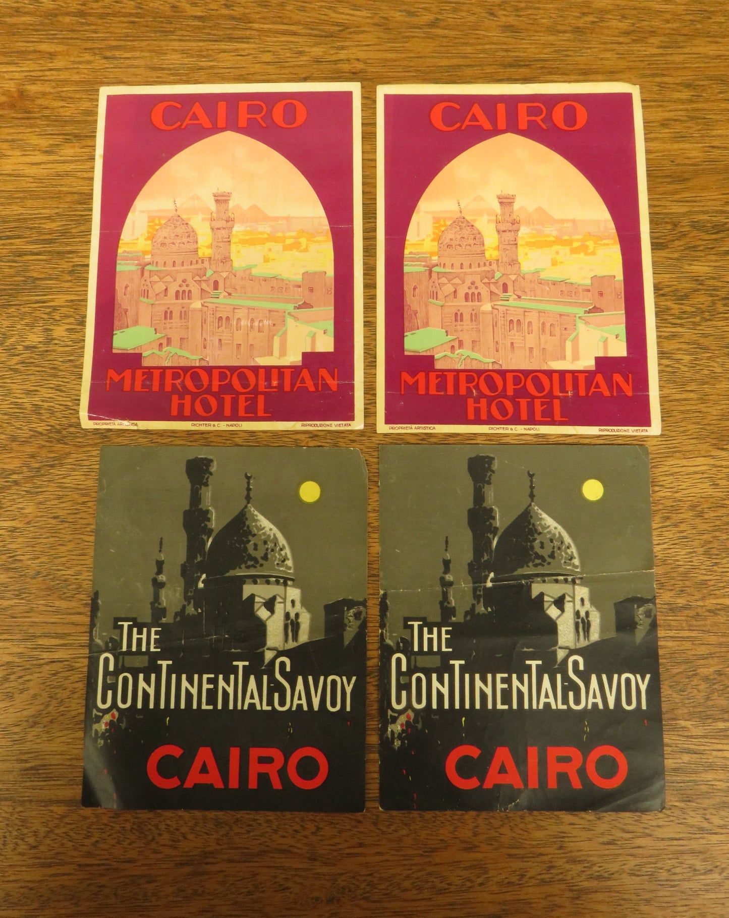 Four Cairo Hotel luggage labels, 2 x Continental Savoy & 2 x Metropolitan Hotel