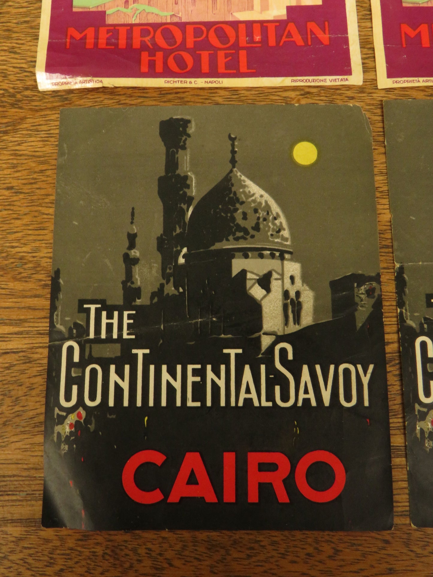 Four Cairo Hotel luggage labels, 2 x Continental Savoy & 2 x Metropolitan Hotel