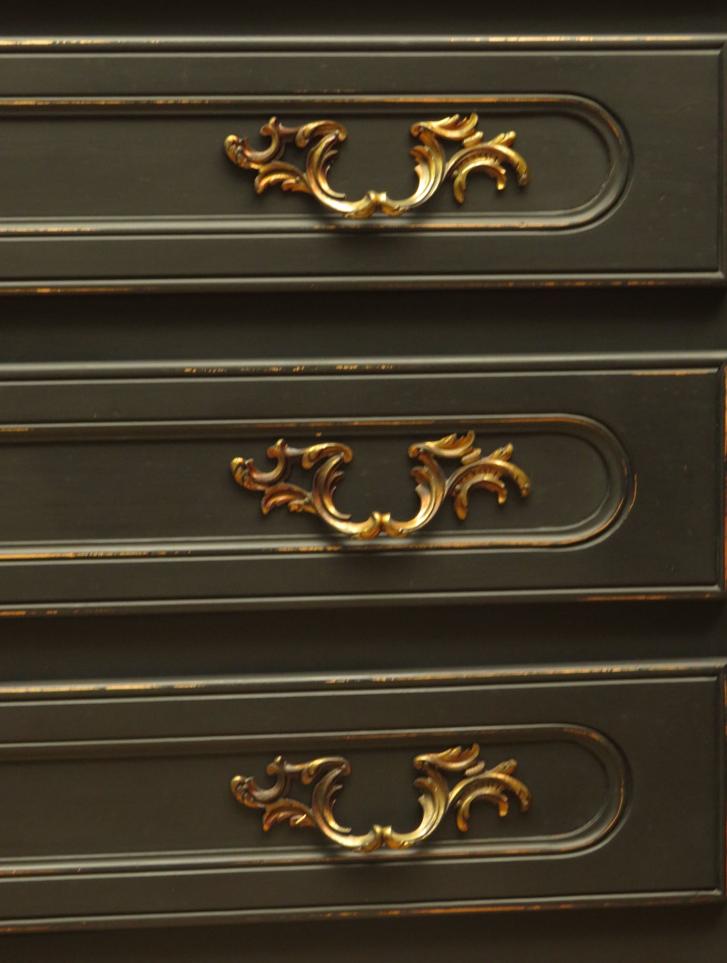 French Black Painted Chest of Drawers with Wooden Top
