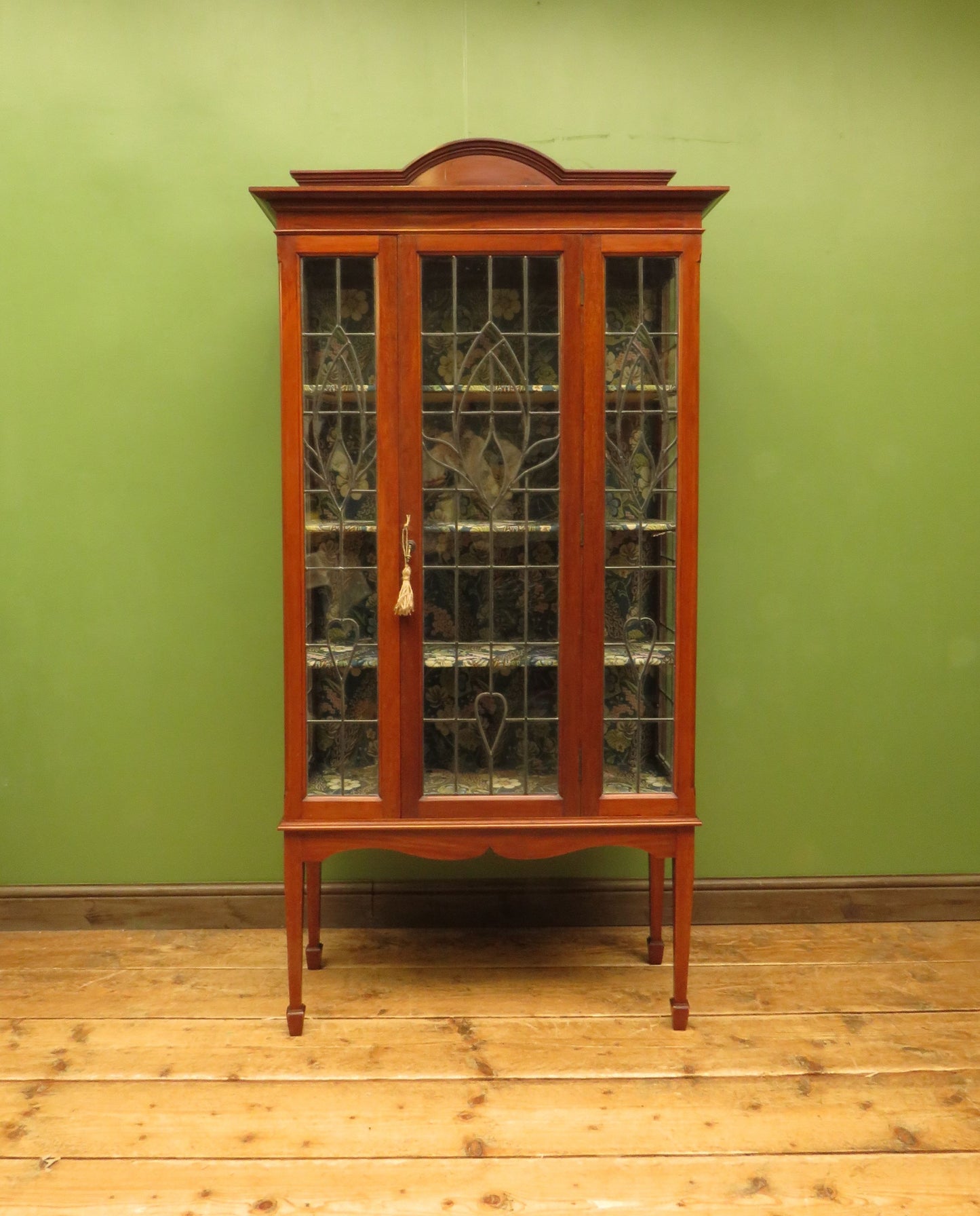 Art Nouveau Glazed Cabinet with Peacock Fabric Interior