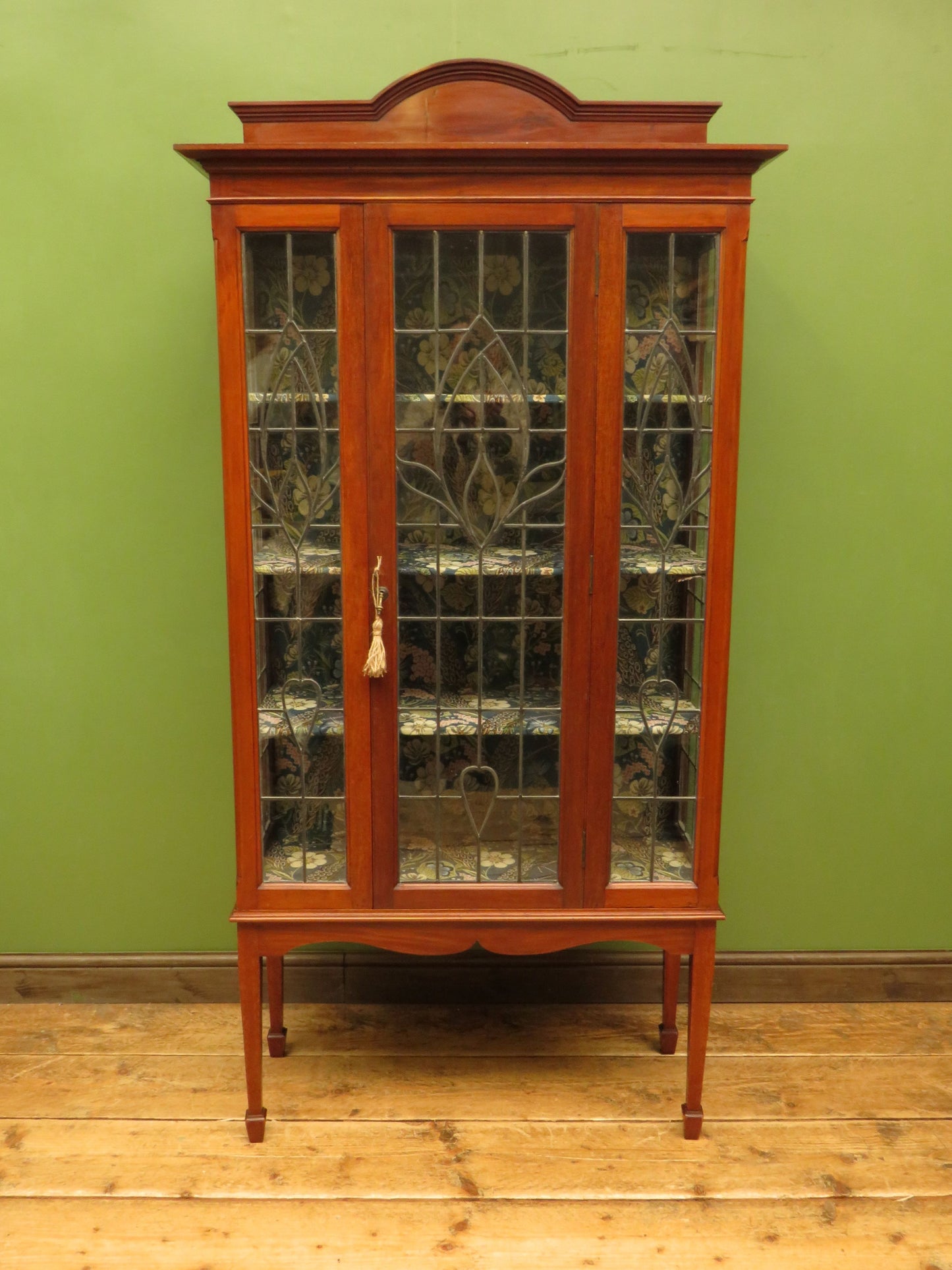 Art Nouveau Glazed Cabinet with Peacock Fabric Interior
