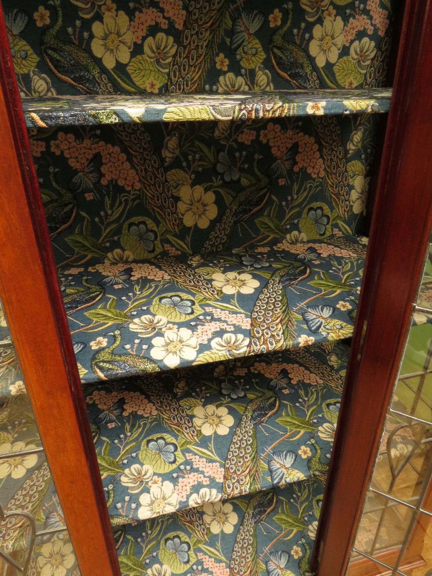 Art Nouveau Glazed Cabinet with Peacock Fabric Interior