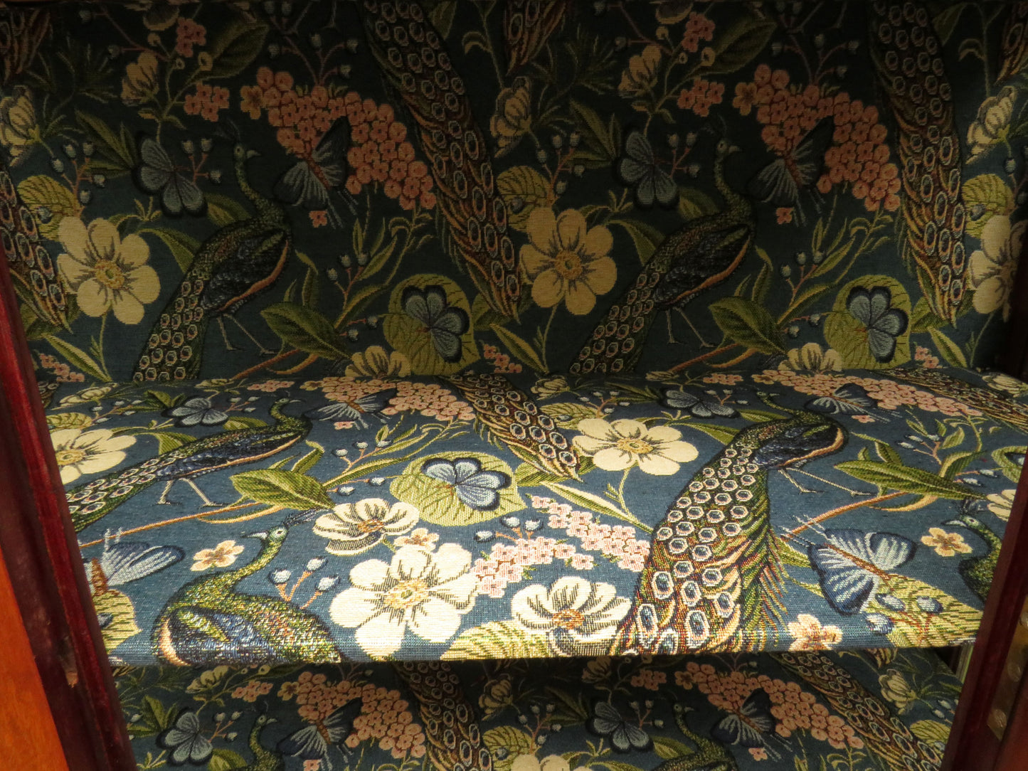 Art Nouveau Glazed Cabinet with Peacock Fabric Interior