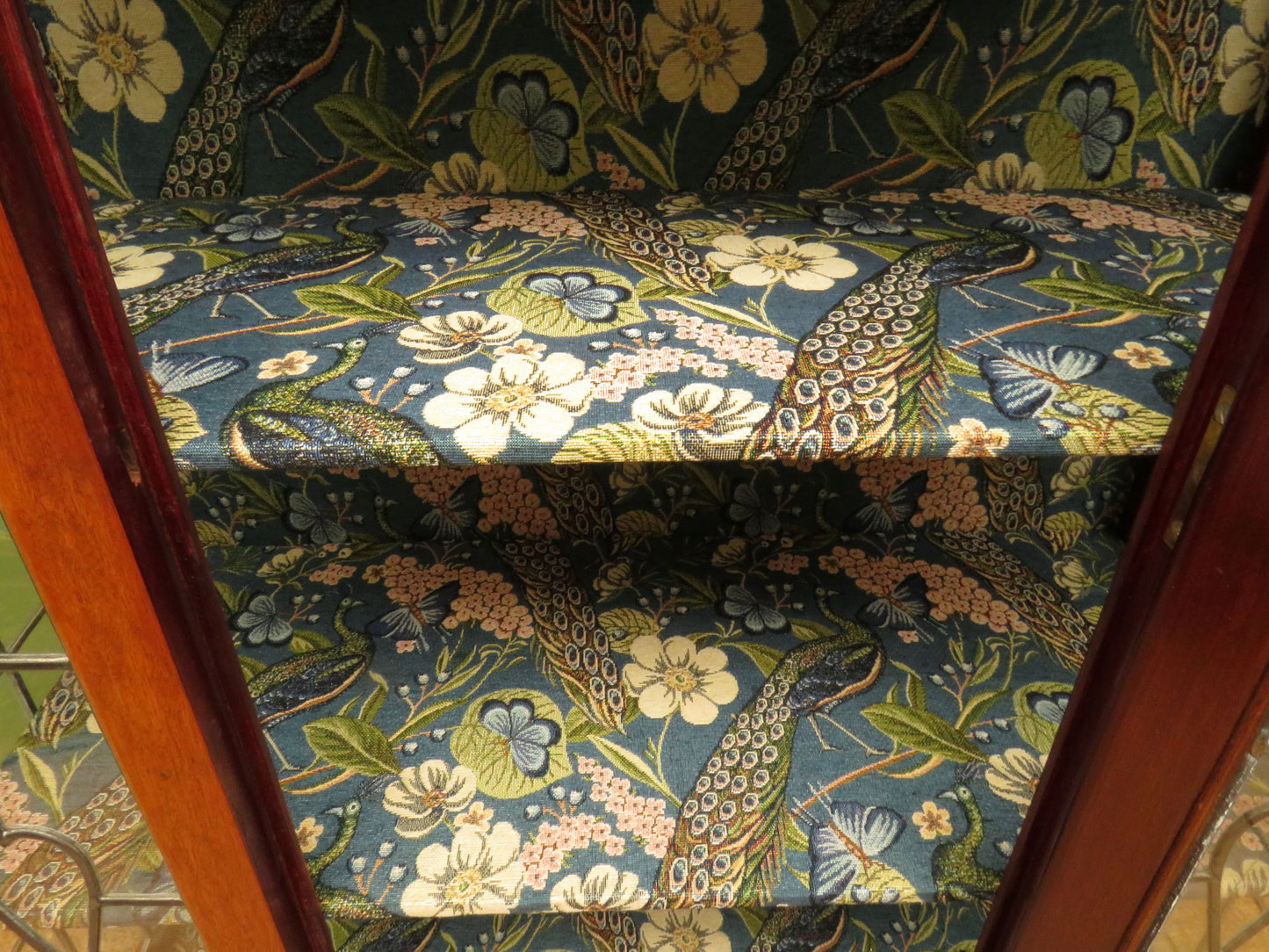 Art Nouveau Glazed Cabinet with Peacock Fabric Interior