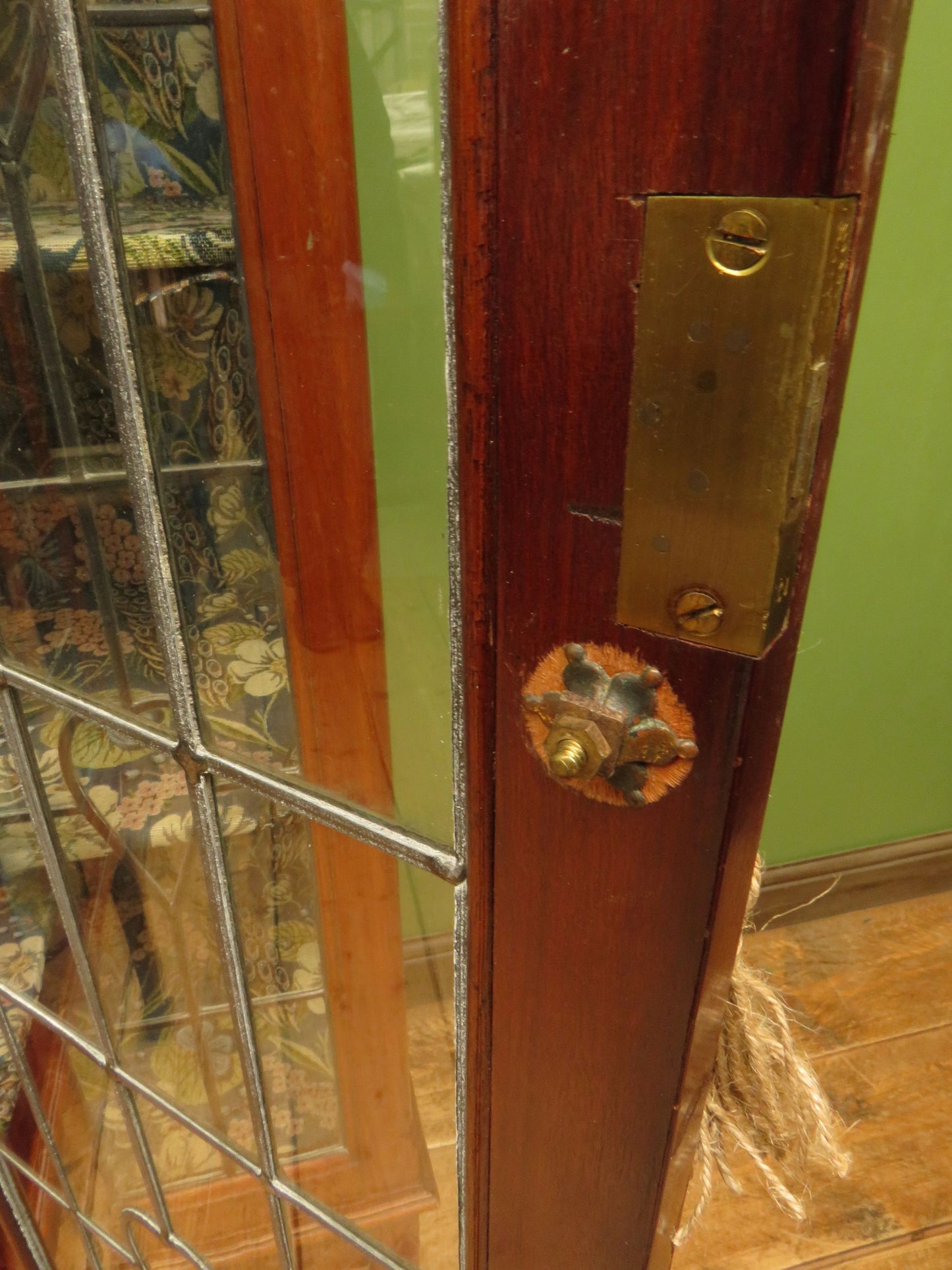 Art Nouveau Glazed Cabinet with Peacock Fabric Interior