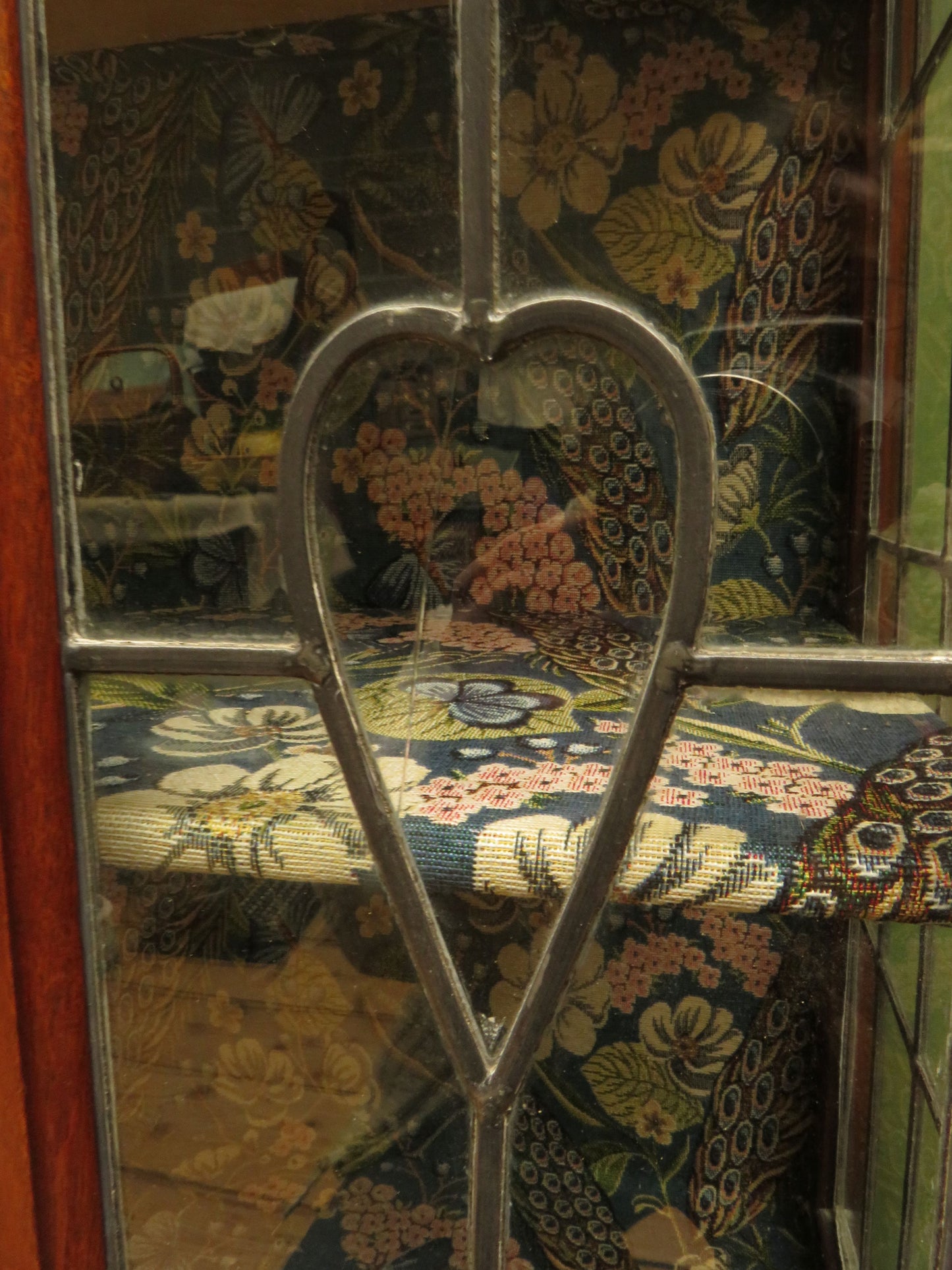 Art Nouveau Glazed Cabinet with Peacock Fabric Interior
