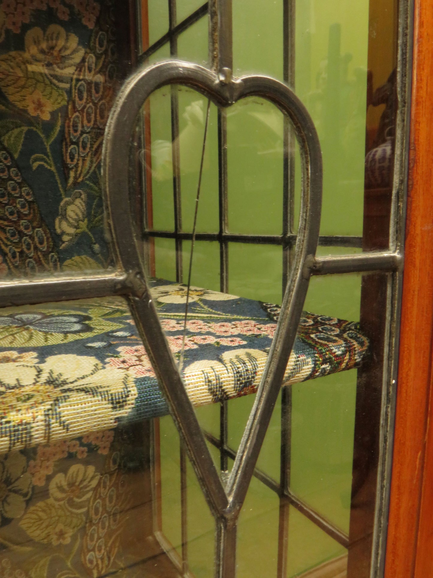 Art Nouveau Glazed Cabinet with Peacock Fabric Interior