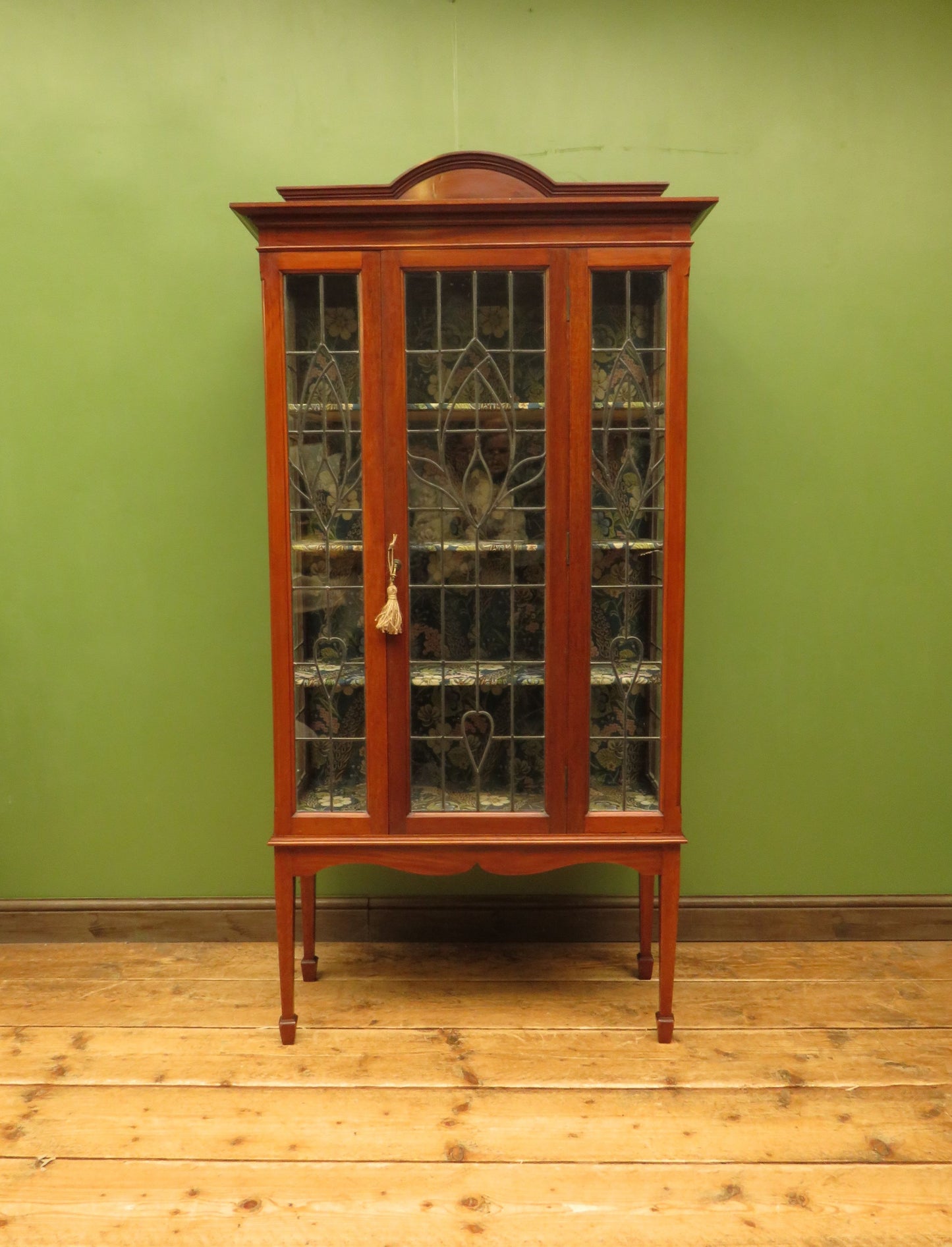 Art Nouveau Glazed Cabinet with Peacock Fabric Interior