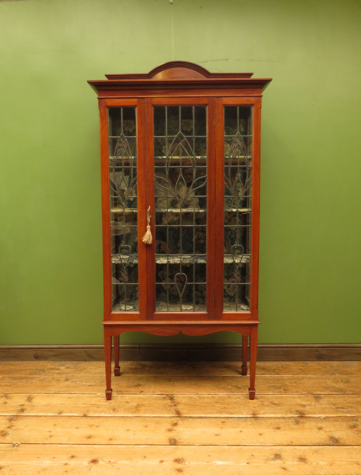 Art Nouveau Glazed Cabinet with Peacock Fabric Interior