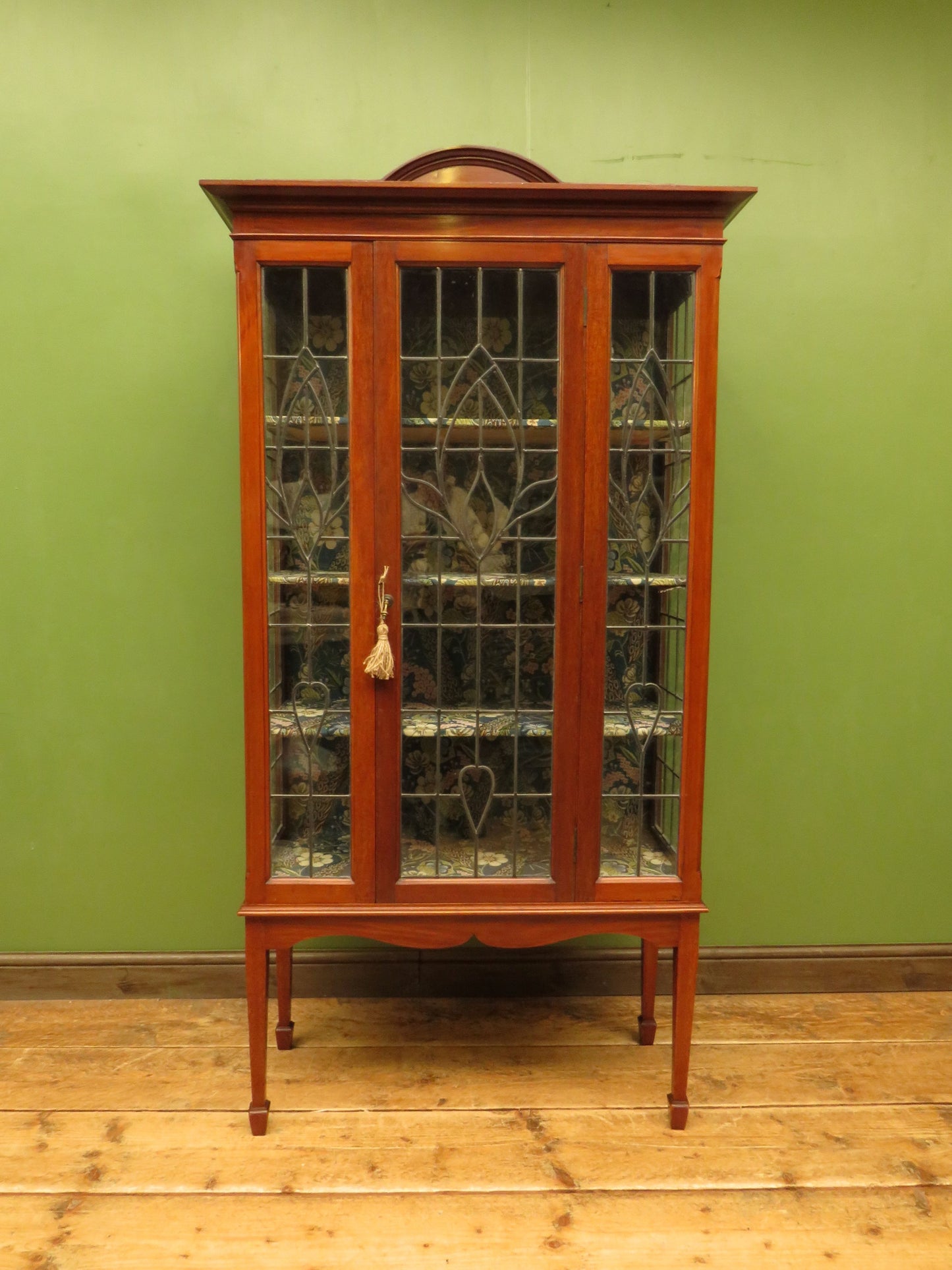 Art Nouveau Glazed Cabinet with Peacock Fabric Interior