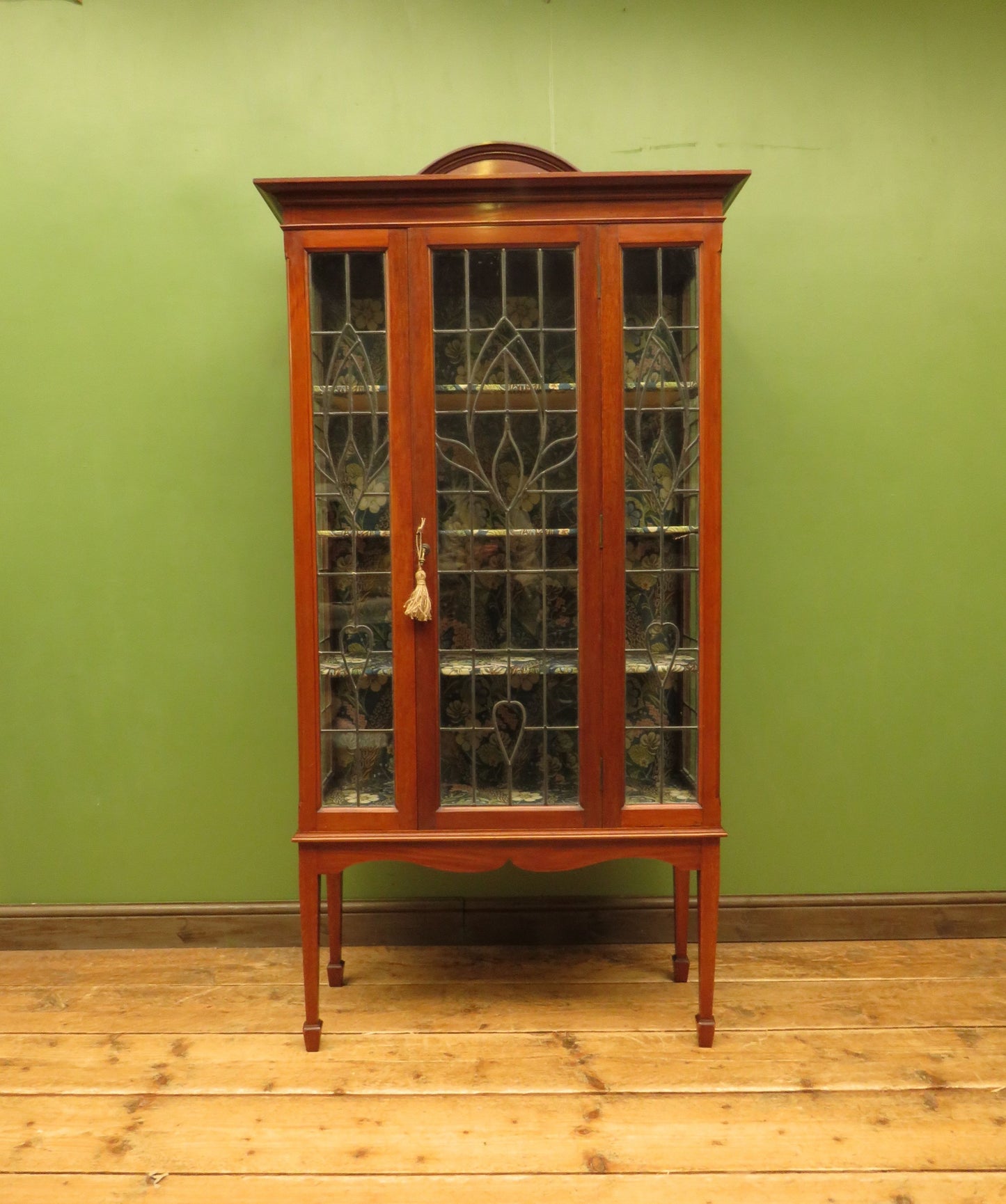 Art Nouveau Glazed Cabinet with Peacock Fabric Interior