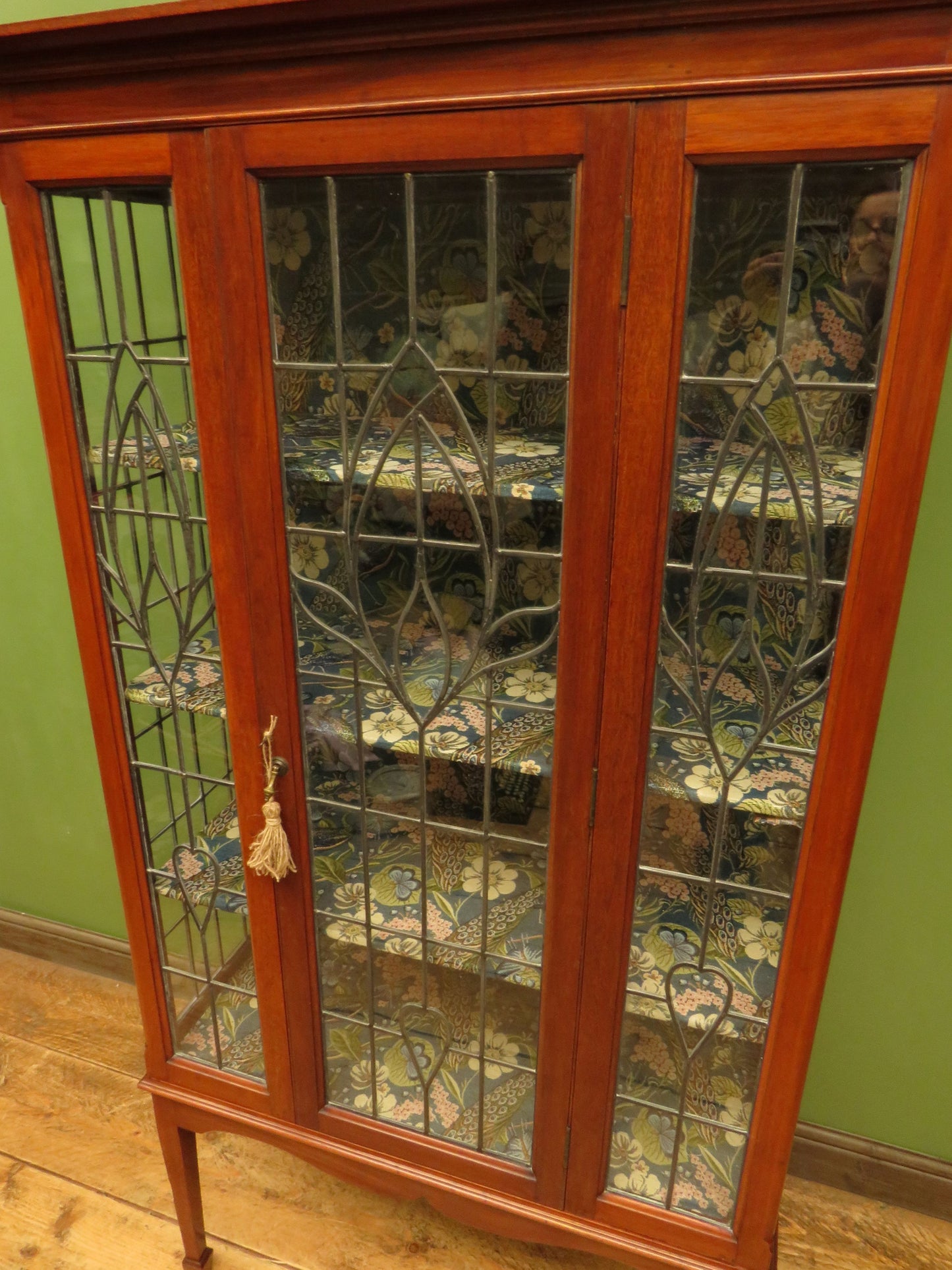 Art Nouveau Glazed Cabinet with Peacock Fabric Interior