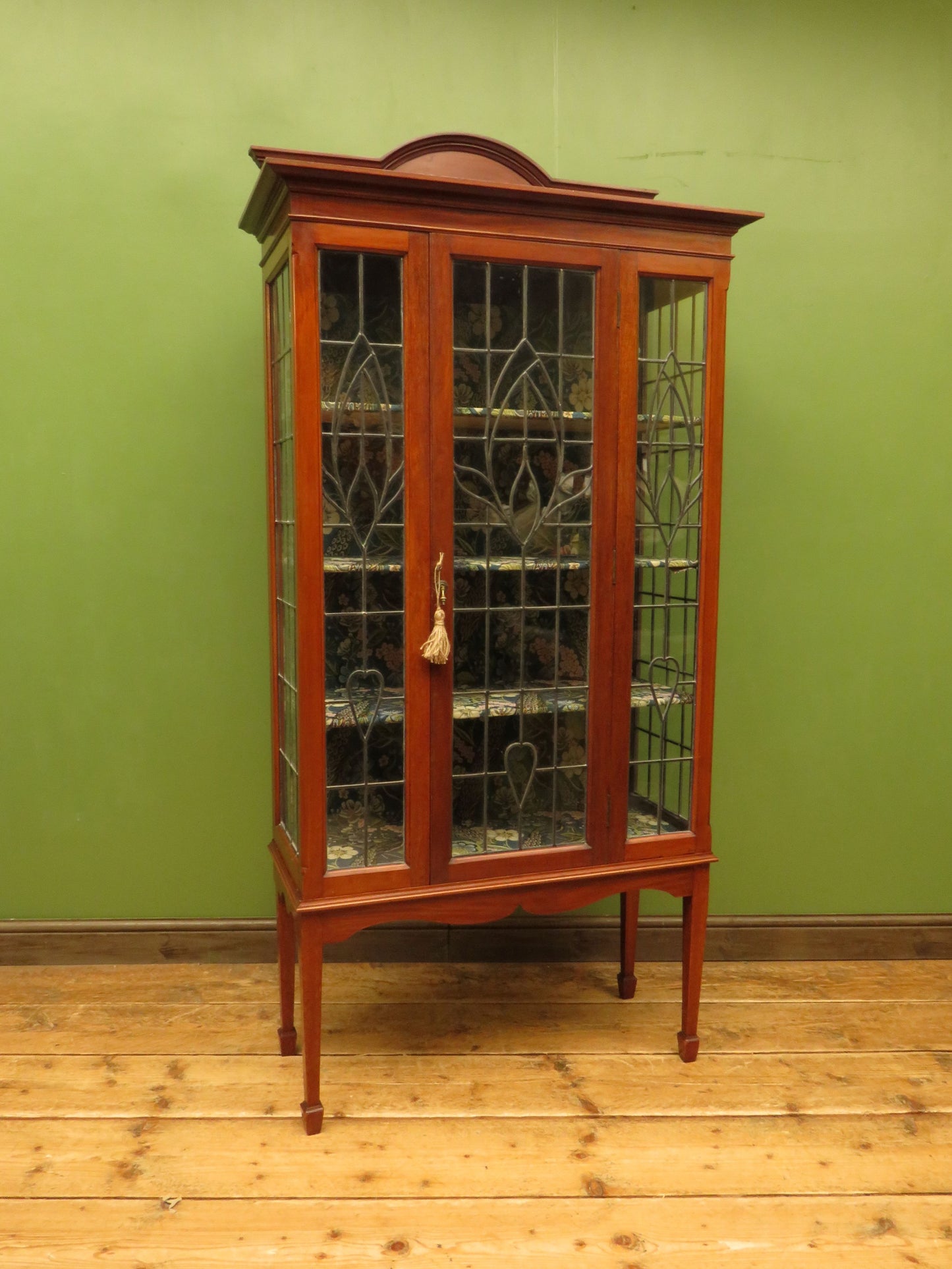 Art Nouveau Glazed Cabinet with Peacock Fabric Interior