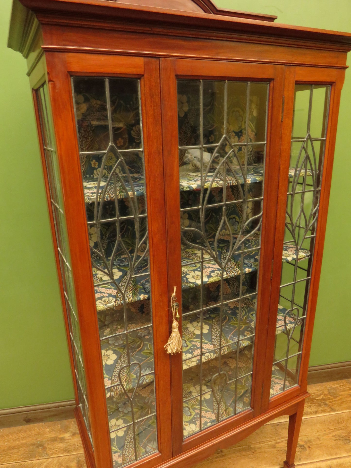 Art Nouveau Glazed Cabinet with Peacock Fabric Interior