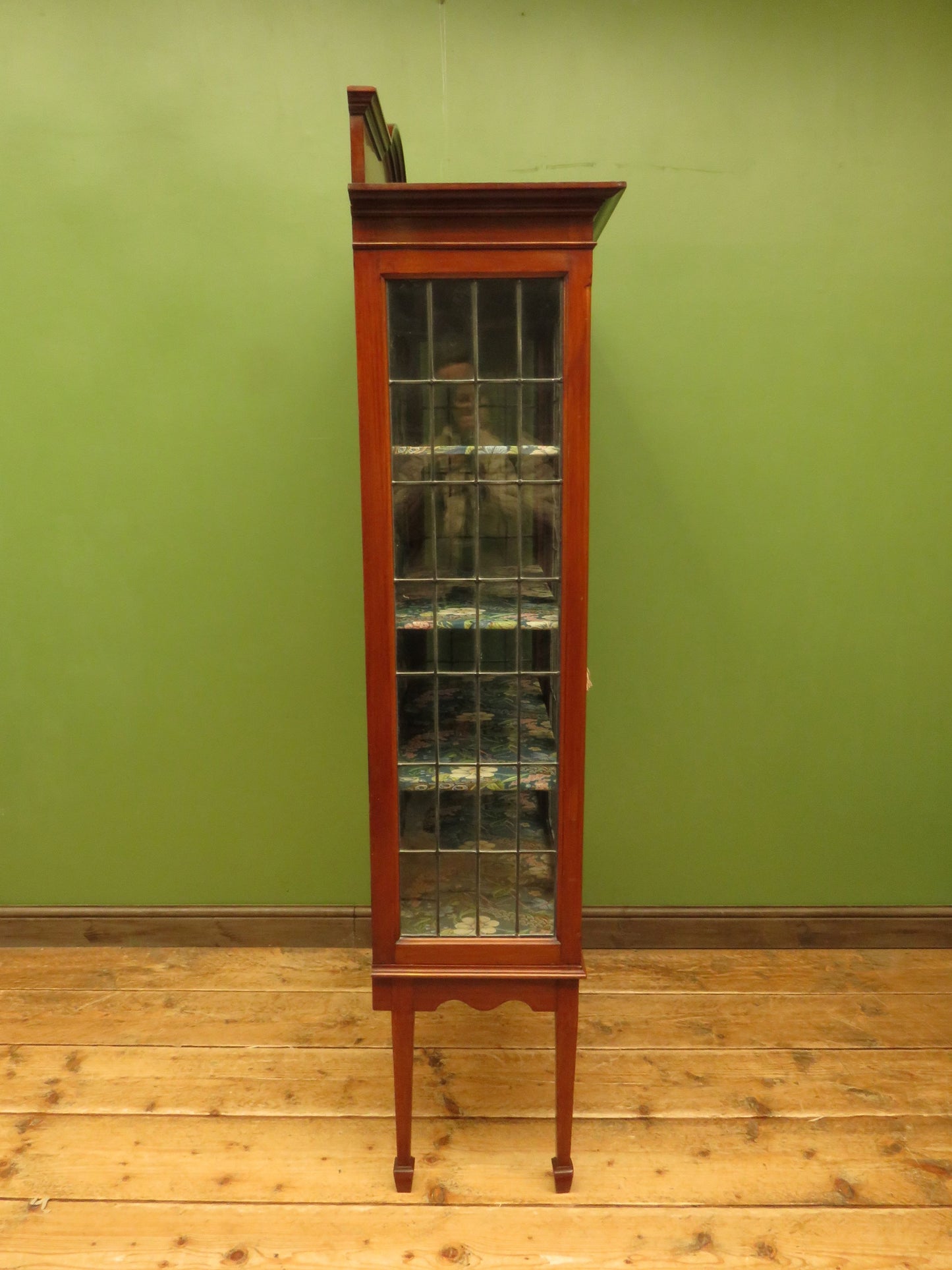 Art Nouveau Glazed Cabinet with Peacock Fabric Interior