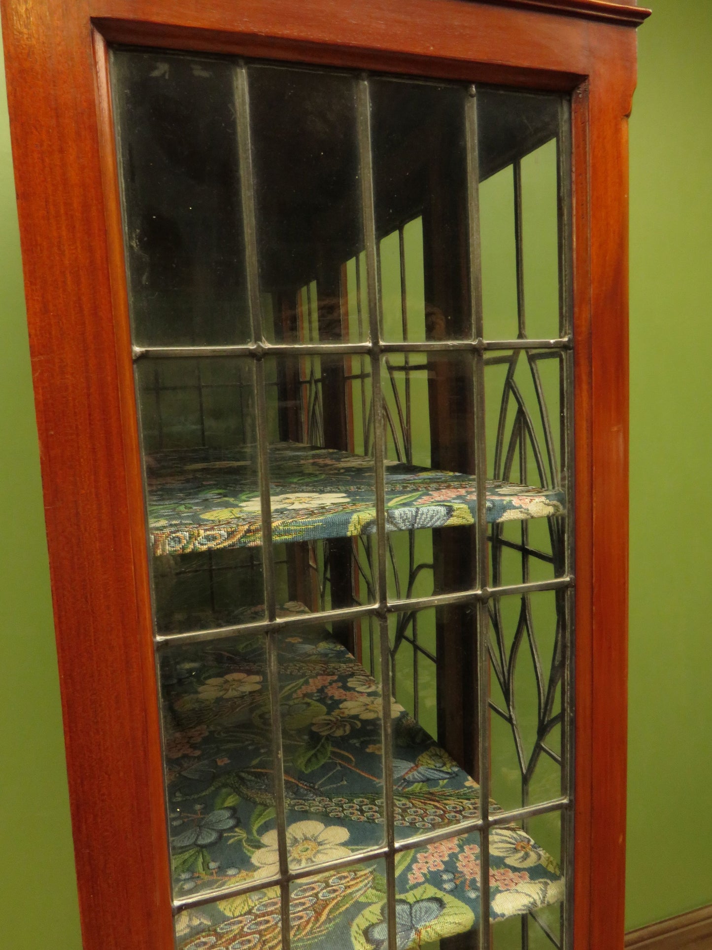 Art Nouveau Glazed Cabinet with Peacock Fabric Interior