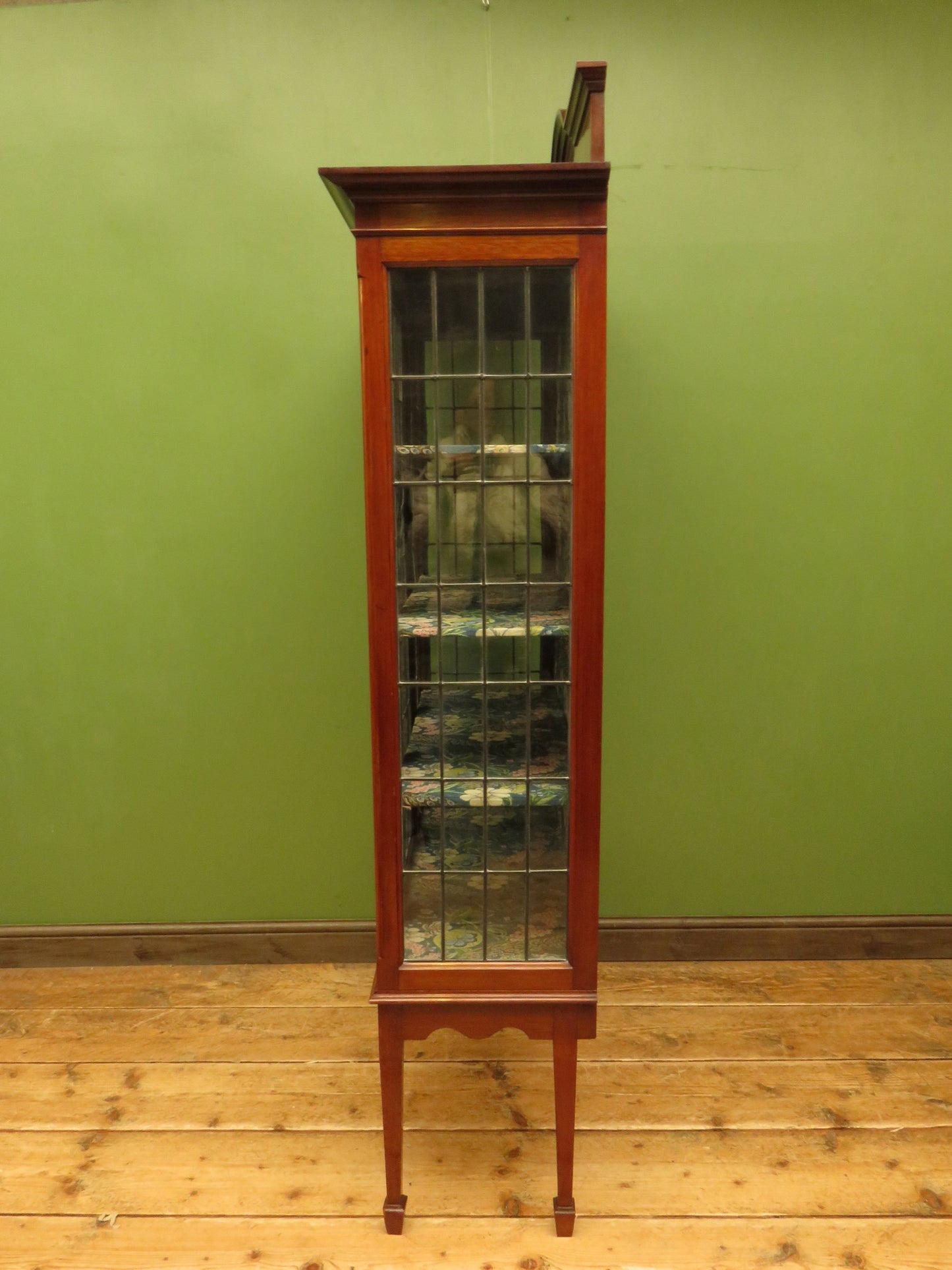 Art Nouveau Glazed Cabinet with Peacock Fabric Interior