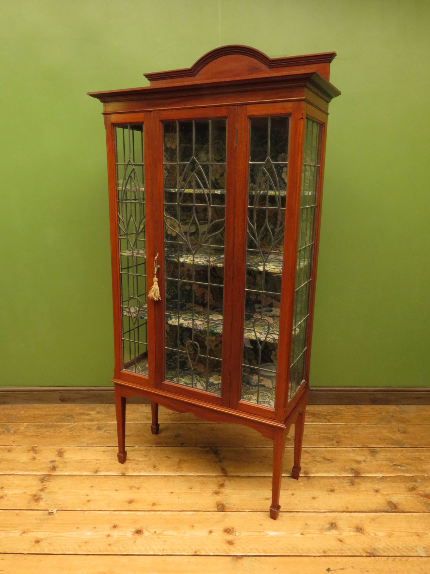 Art Nouveau Glazed Cabinet with Peacock Fabric Interior