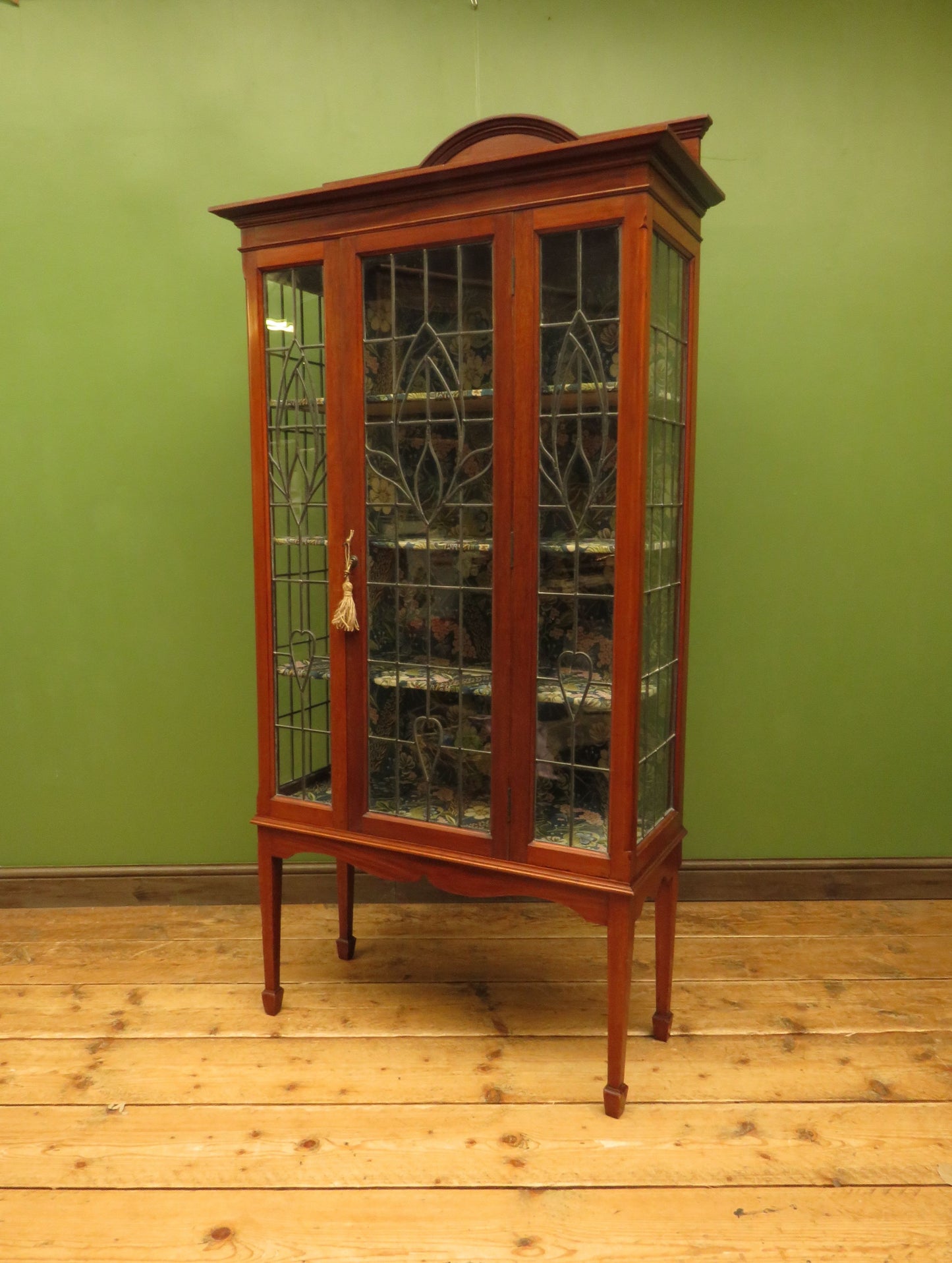 Art Nouveau Glazed Cabinet with Peacock Fabric Interior