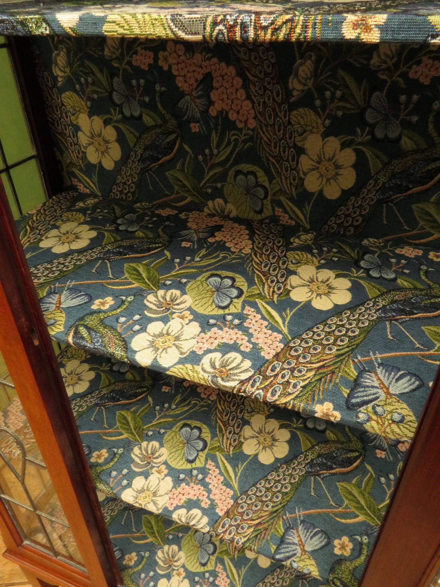 Art Nouveau Glazed Cabinet with Peacock Fabric Interior