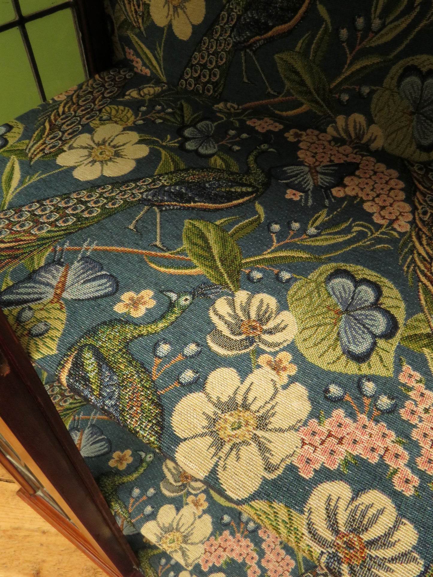 Art Nouveau Glazed Cabinet with Peacock Fabric Interior