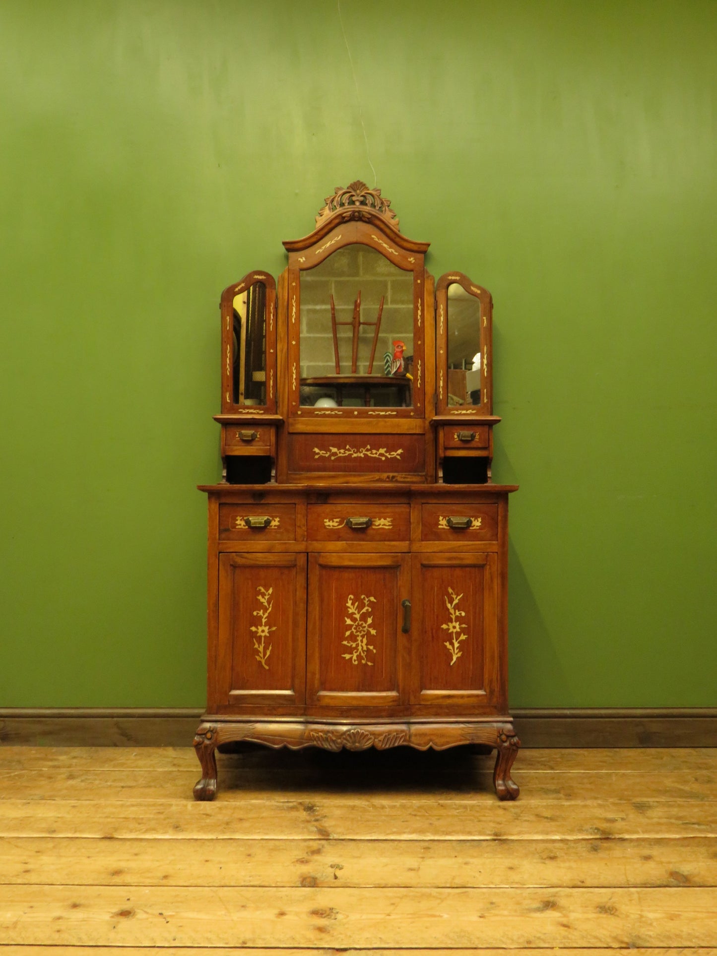 Antique Eastern Dressing Table with Bone Inlays & Triple Mirror