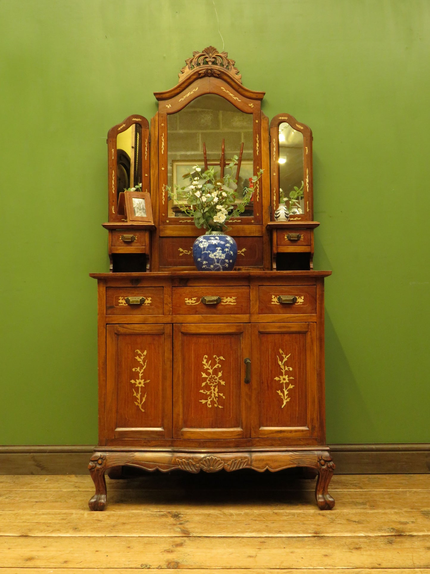 Antique Eastern Dressing Table with Bone Inlays & Triple Mirror