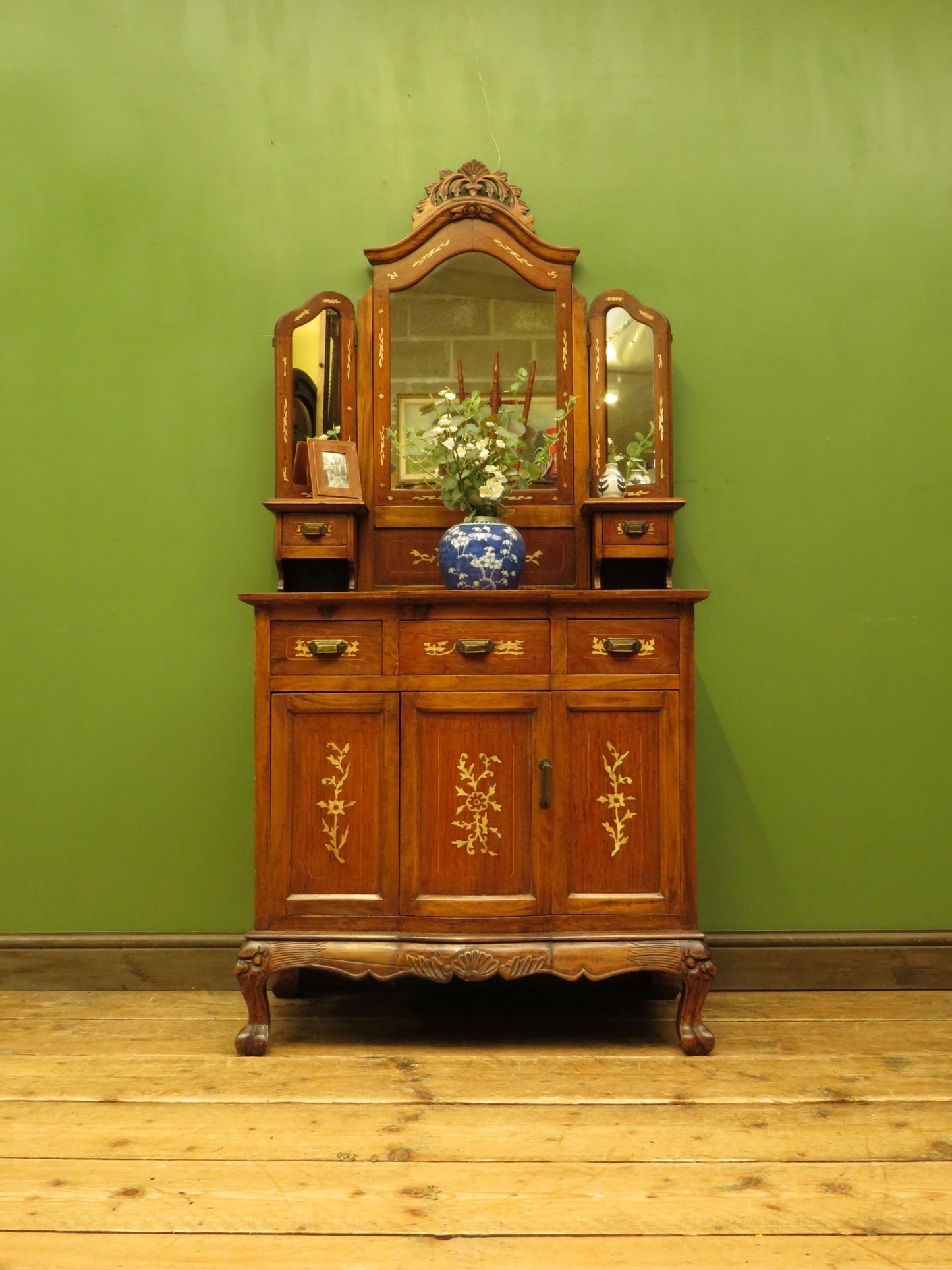 Antique Eastern Dressing Table with Bone Inlays & Triple Mirror