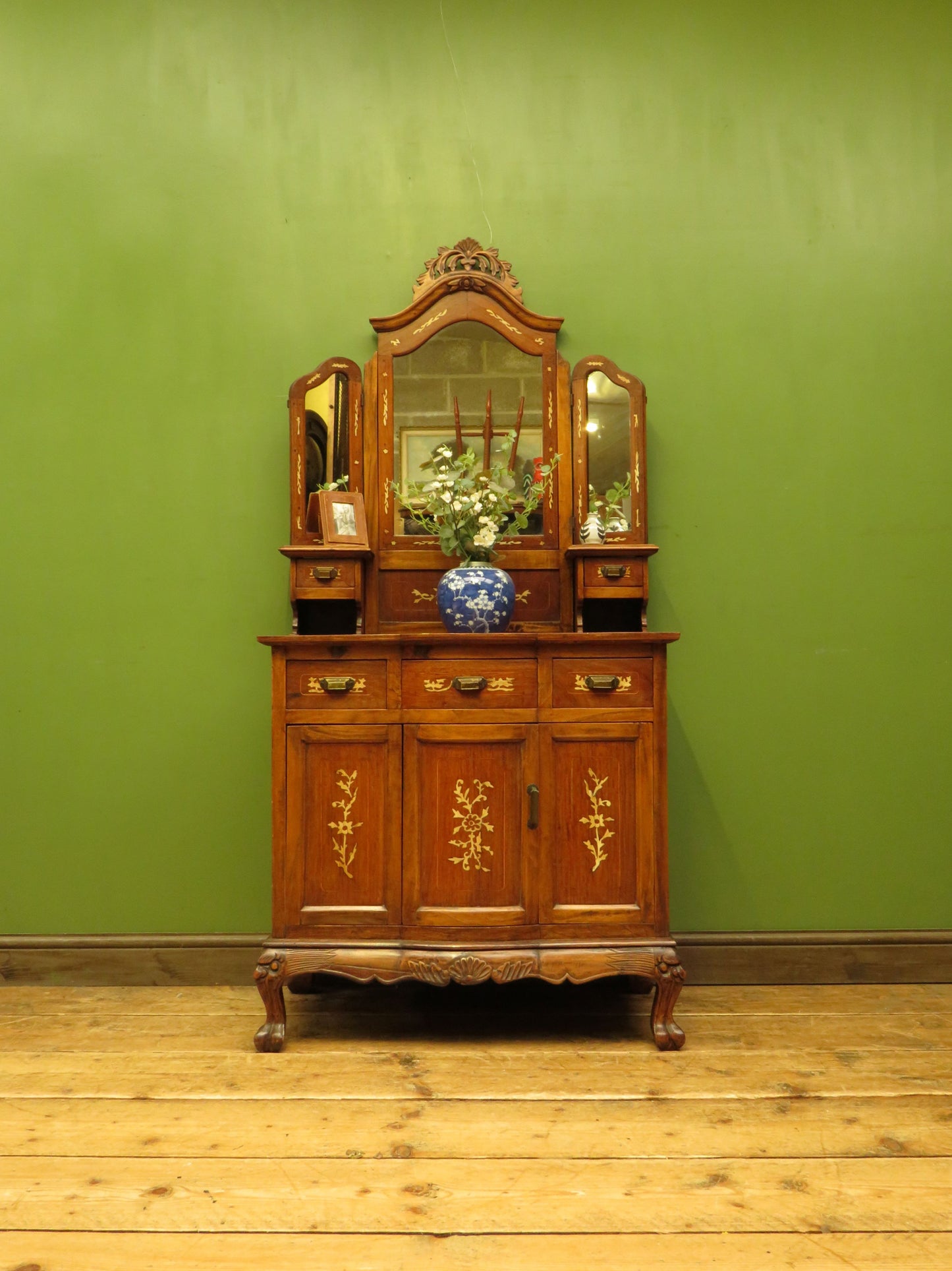 Antique Eastern Dressing Table with Bone Inlays & Triple Mirror