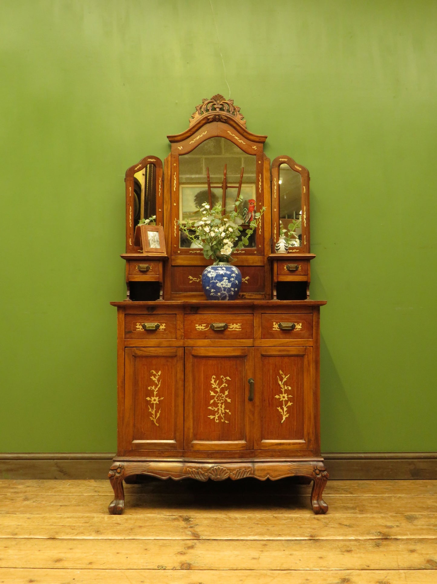 Antique Eastern Dressing Table with Bone Inlays & Triple Mirror