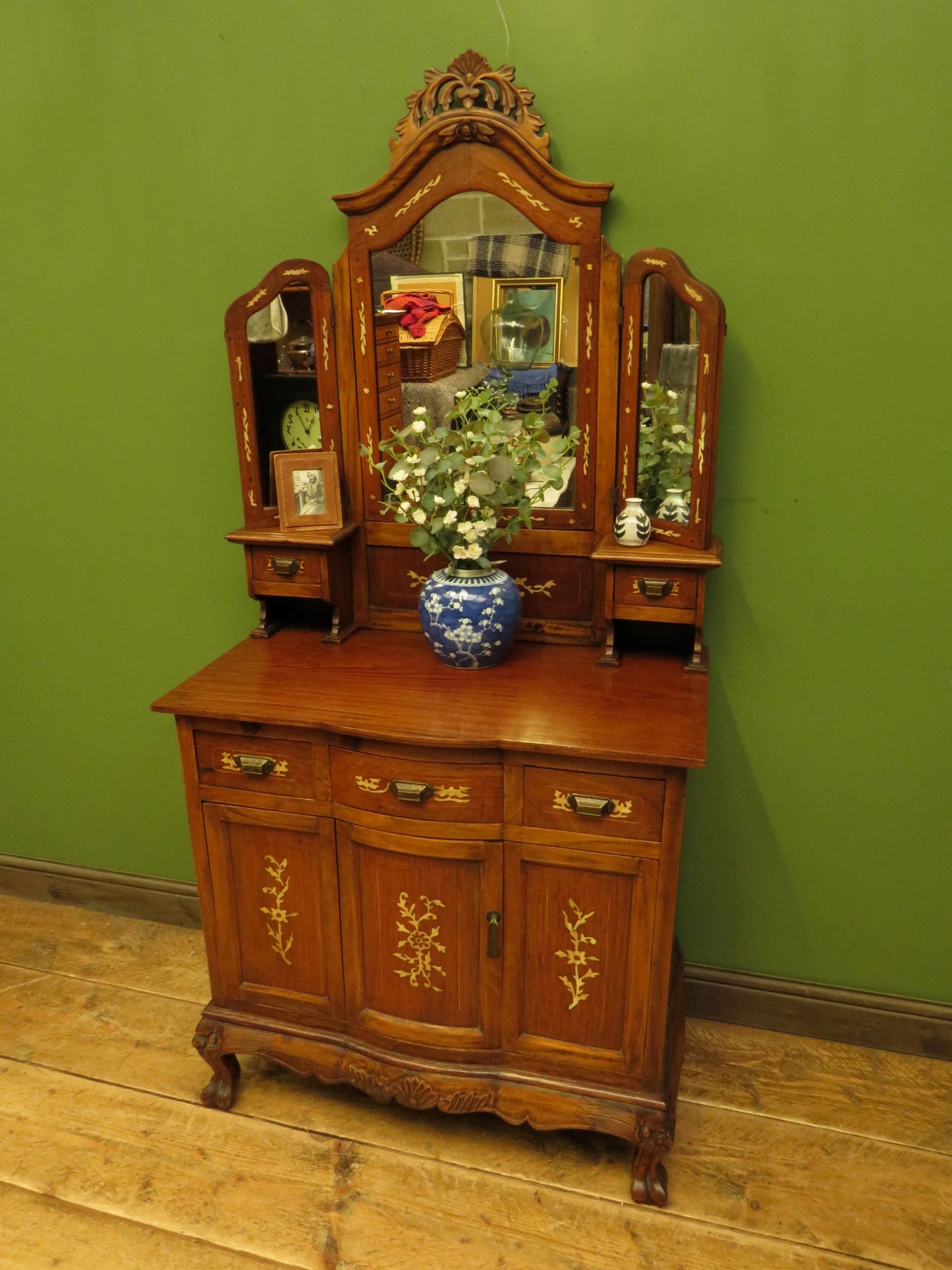 Antique Eastern Dressing Table with Bone Inlays & Triple Mirror