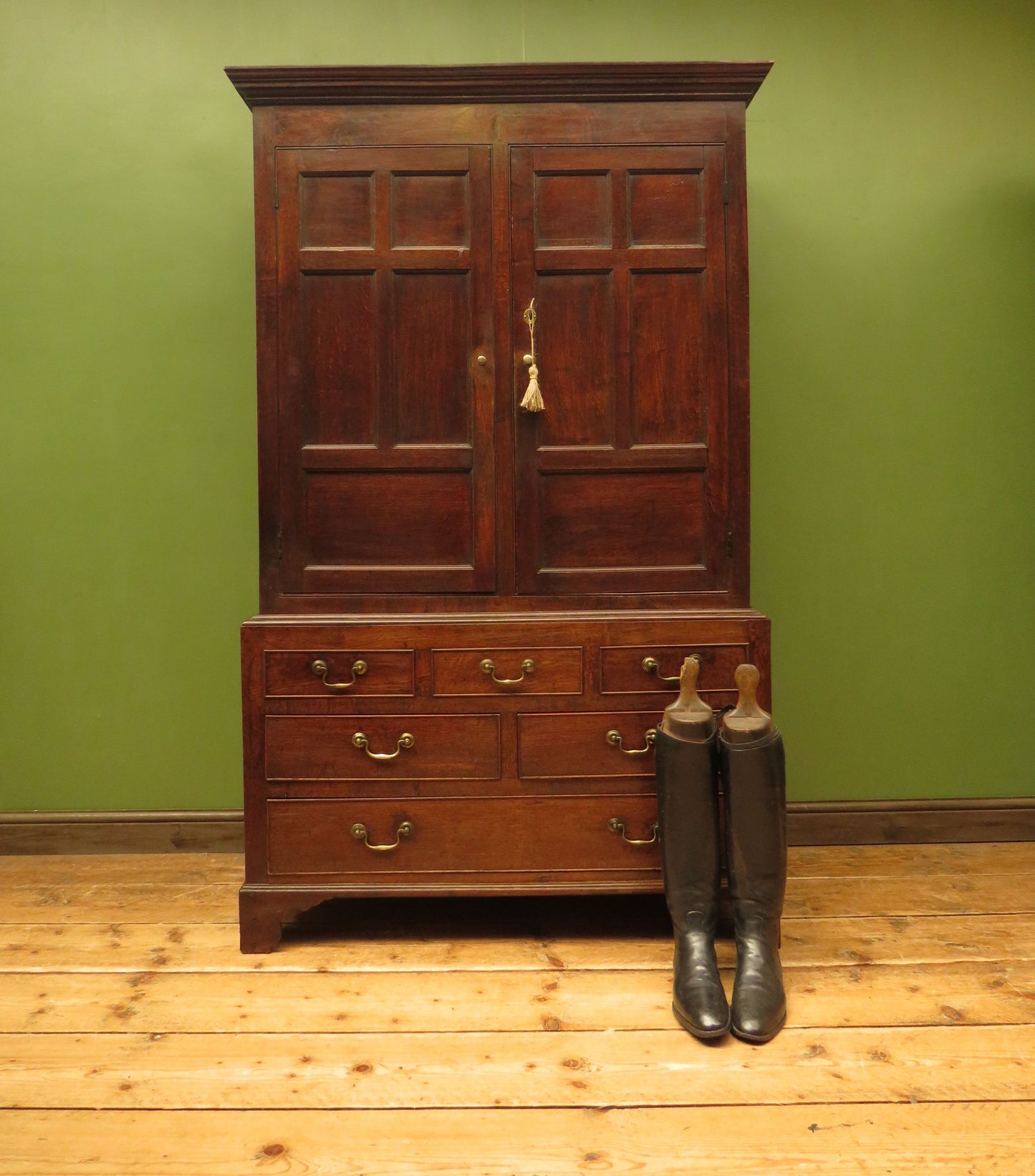 Antique two part Welsh oak linen press with richly aged finish