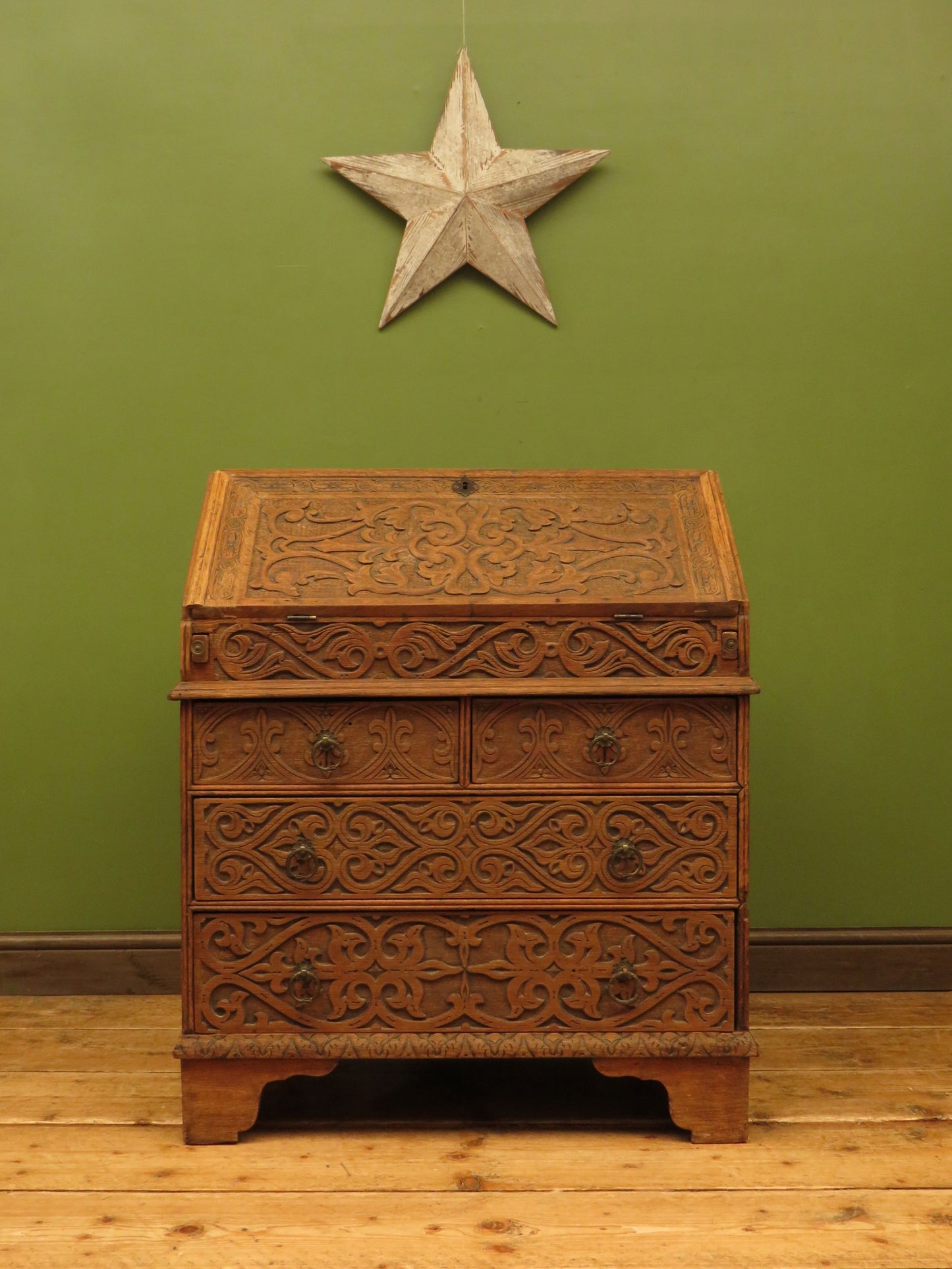 Antique Raw Oak Carved Bureau
