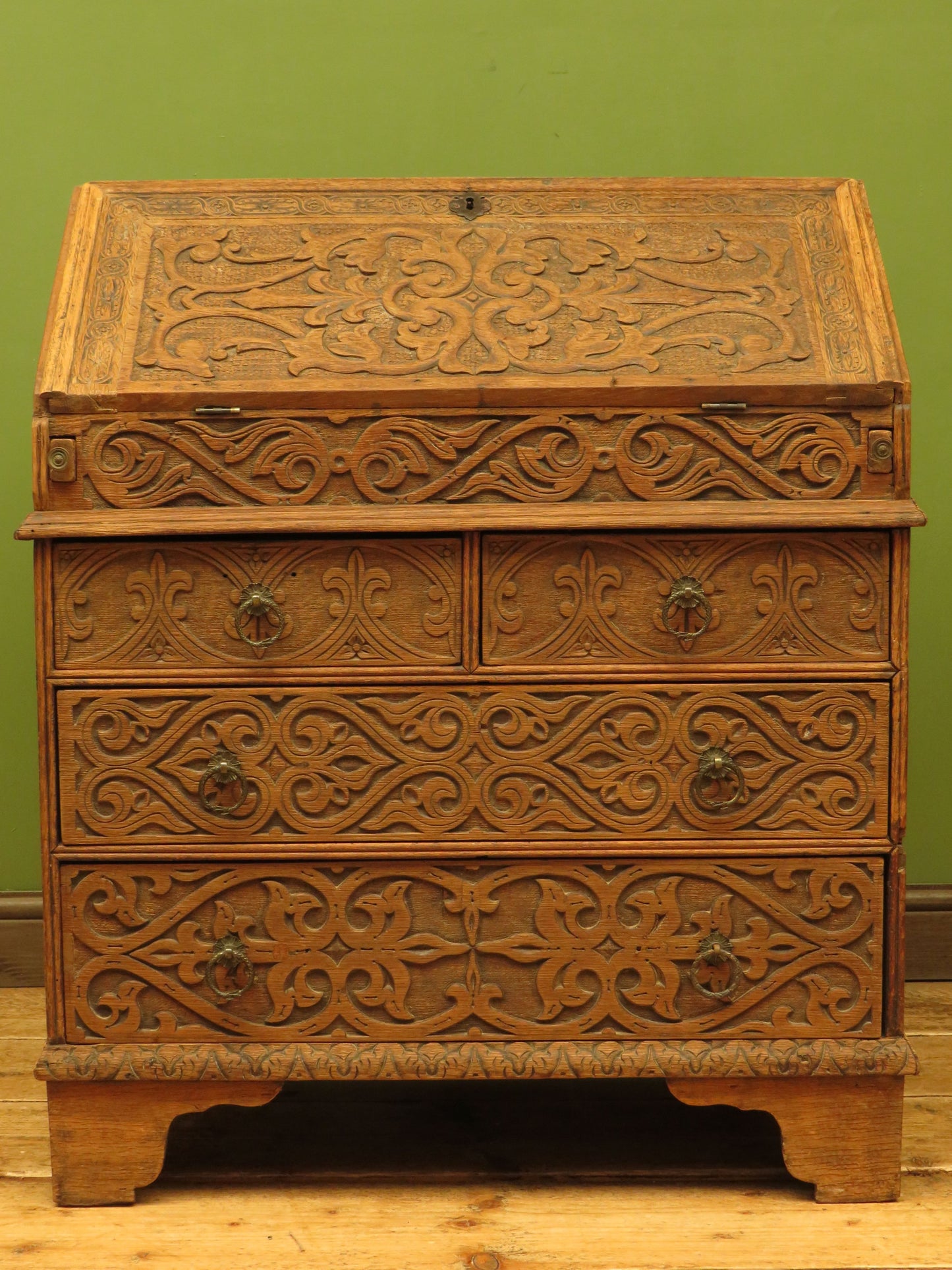 Antique Raw Oak Carved Bureau