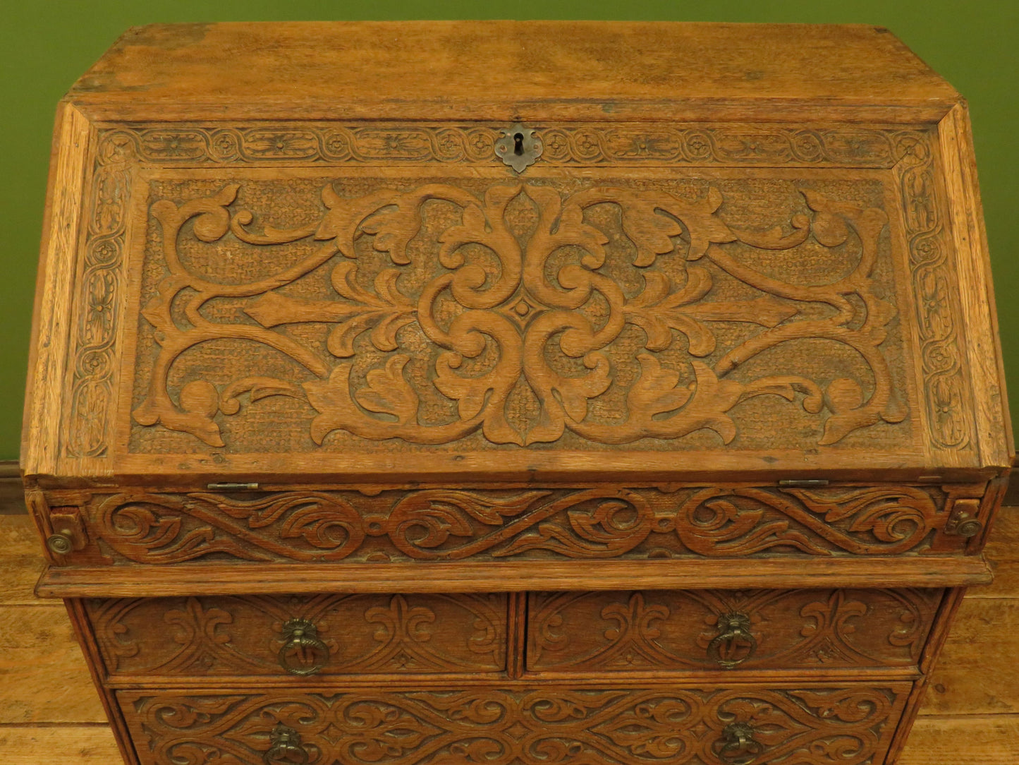 Antique Raw Oak Carved Bureau
