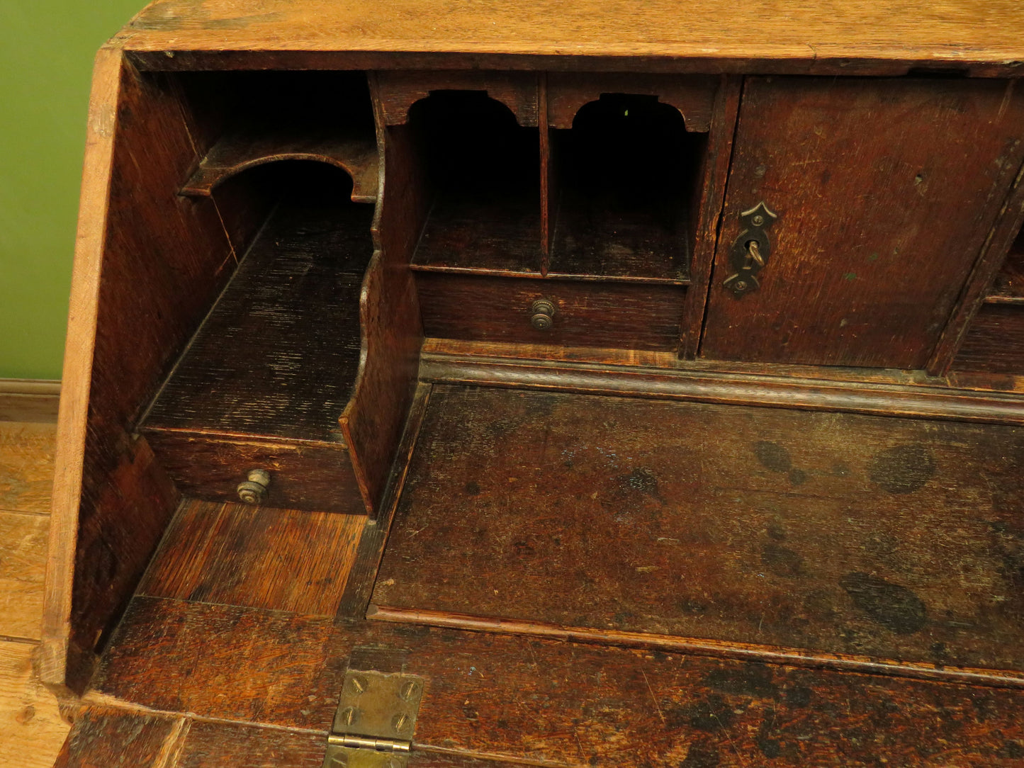 Antique Raw Oak Carved Bureau