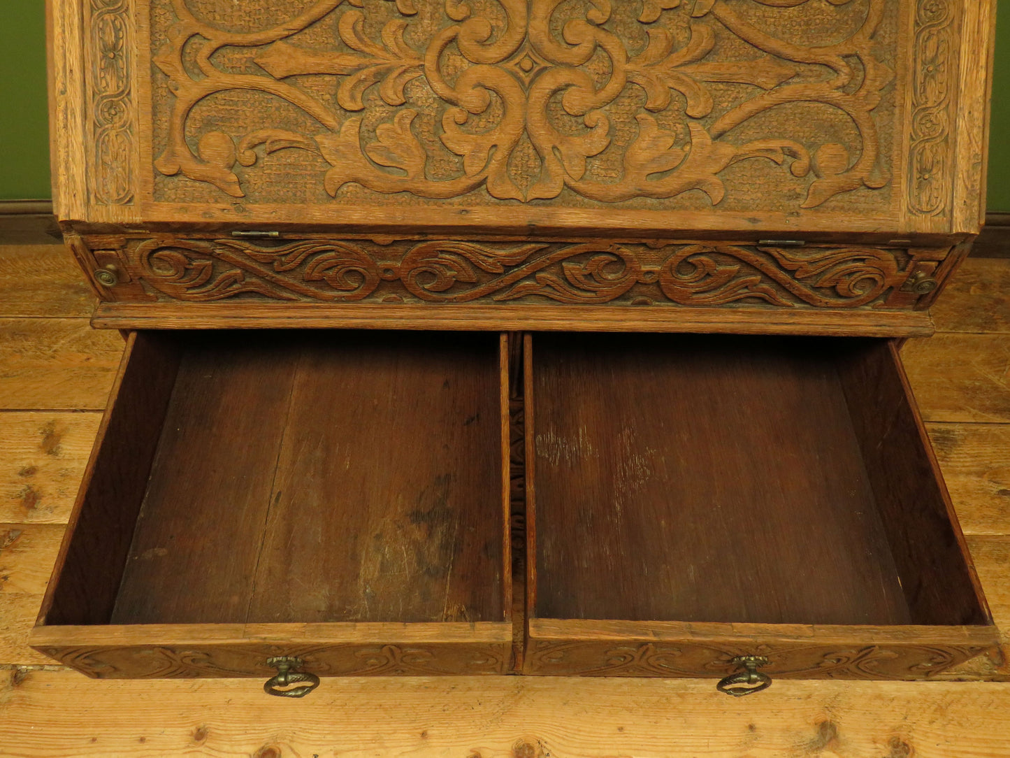 Antique Raw Oak Carved Bureau