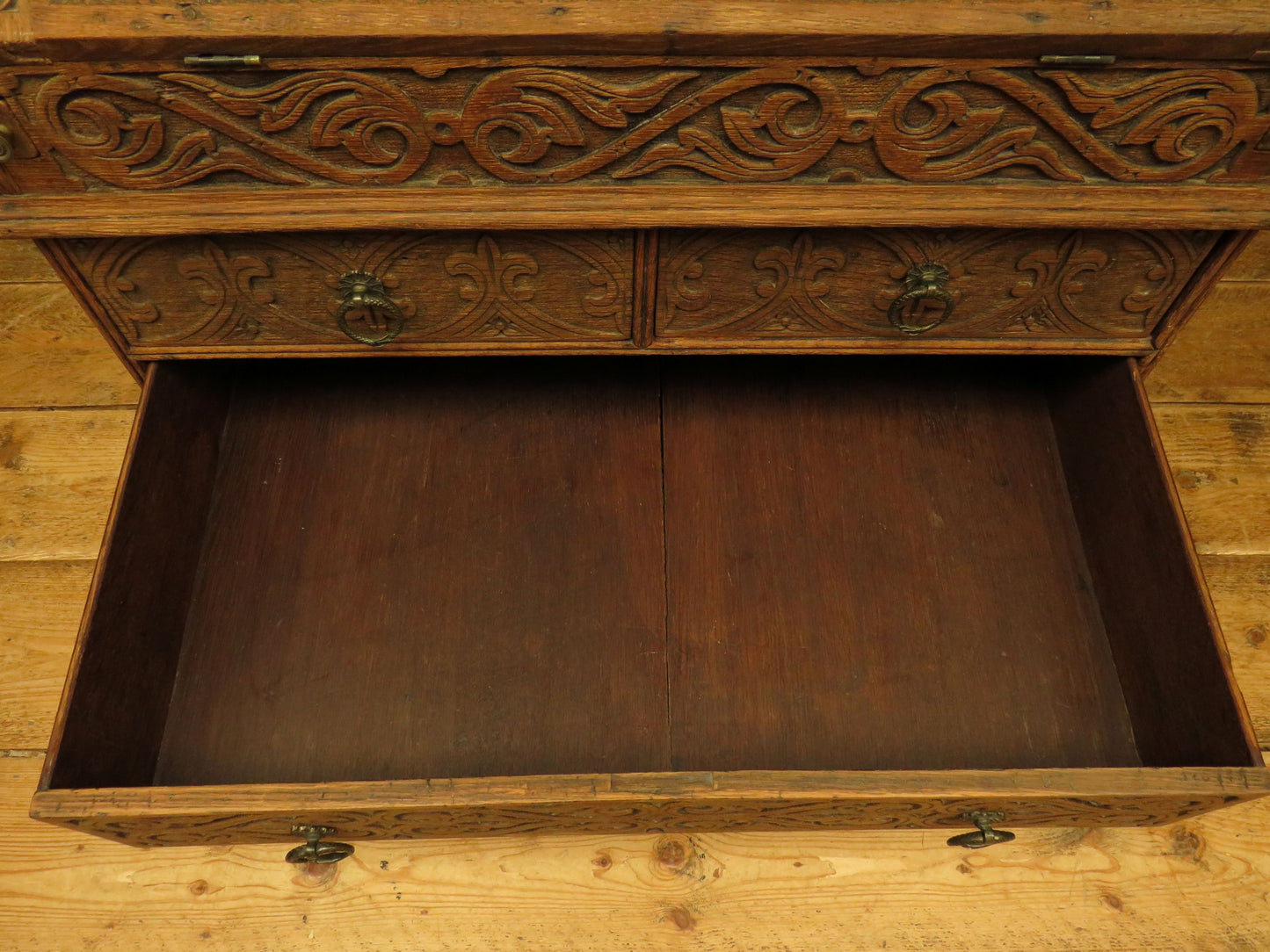 Antique Raw Oak Carved Bureau