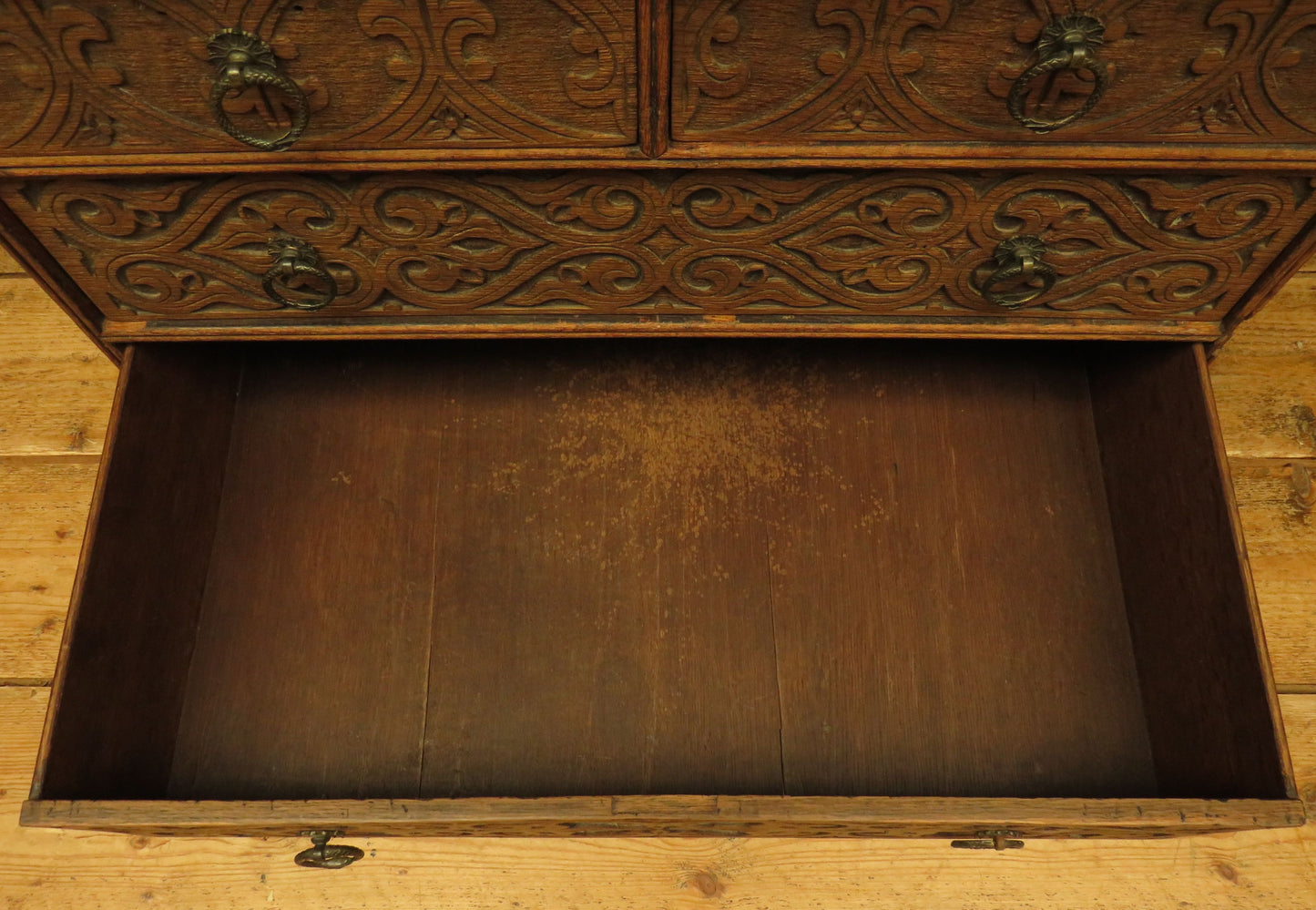 Antique Raw Oak Carved Bureau
