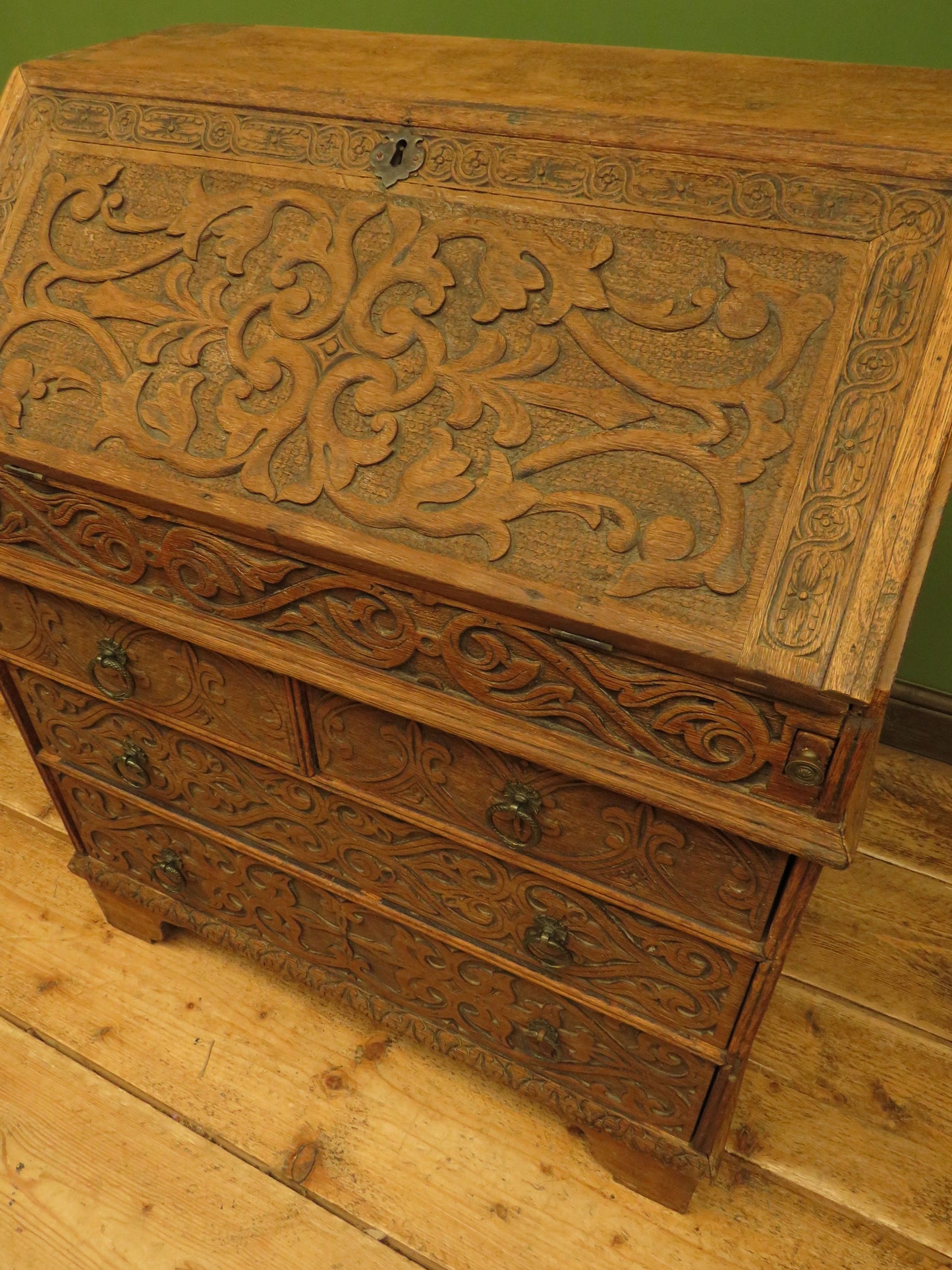 Antique Raw Oak Carved Bureau