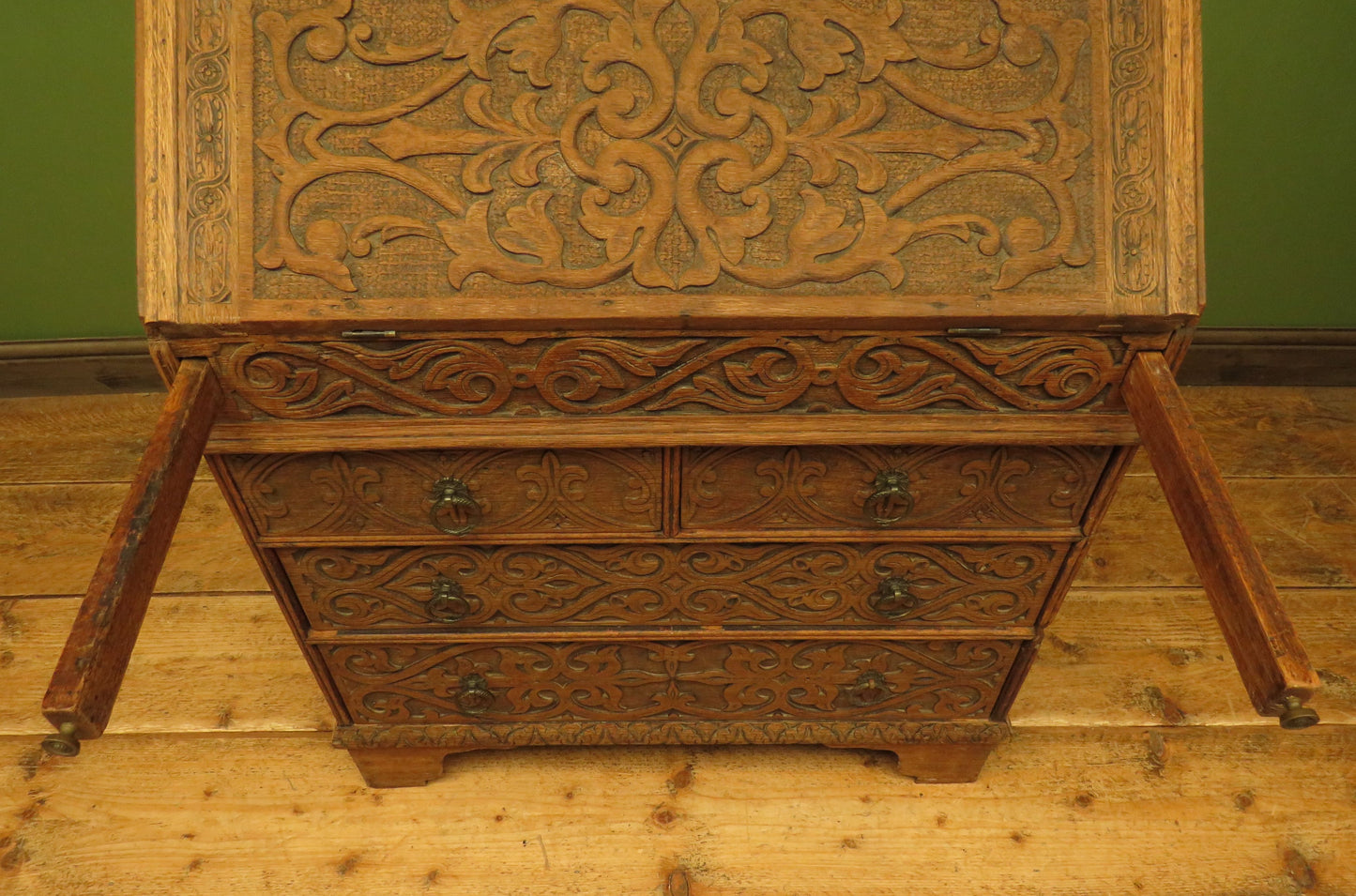 Antique Raw Oak Carved Bureau