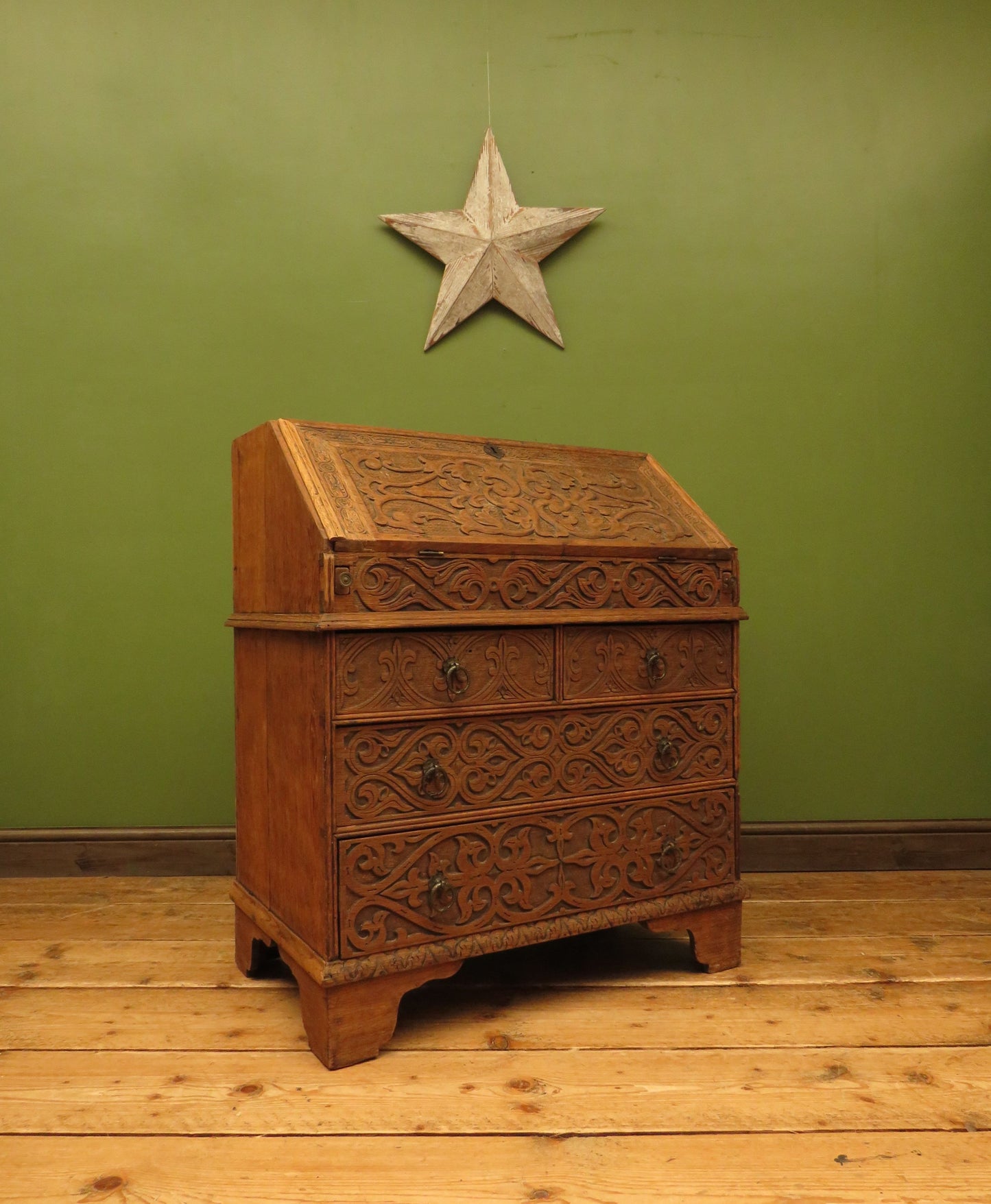 Antique Raw Oak Carved Bureau