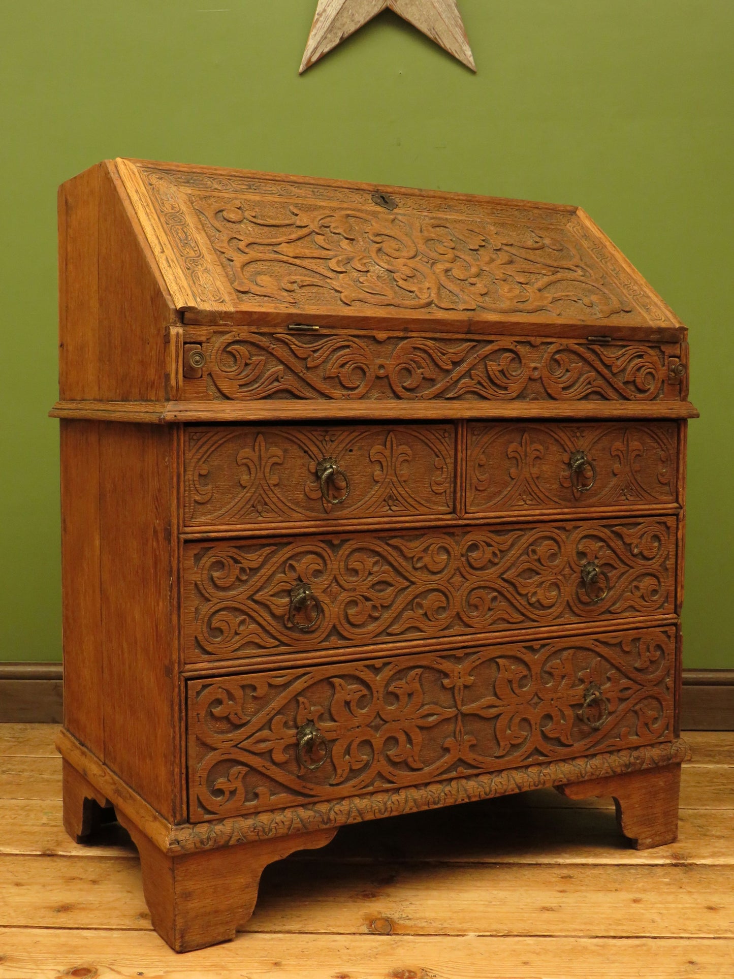 Antique Raw Oak Carved Bureau