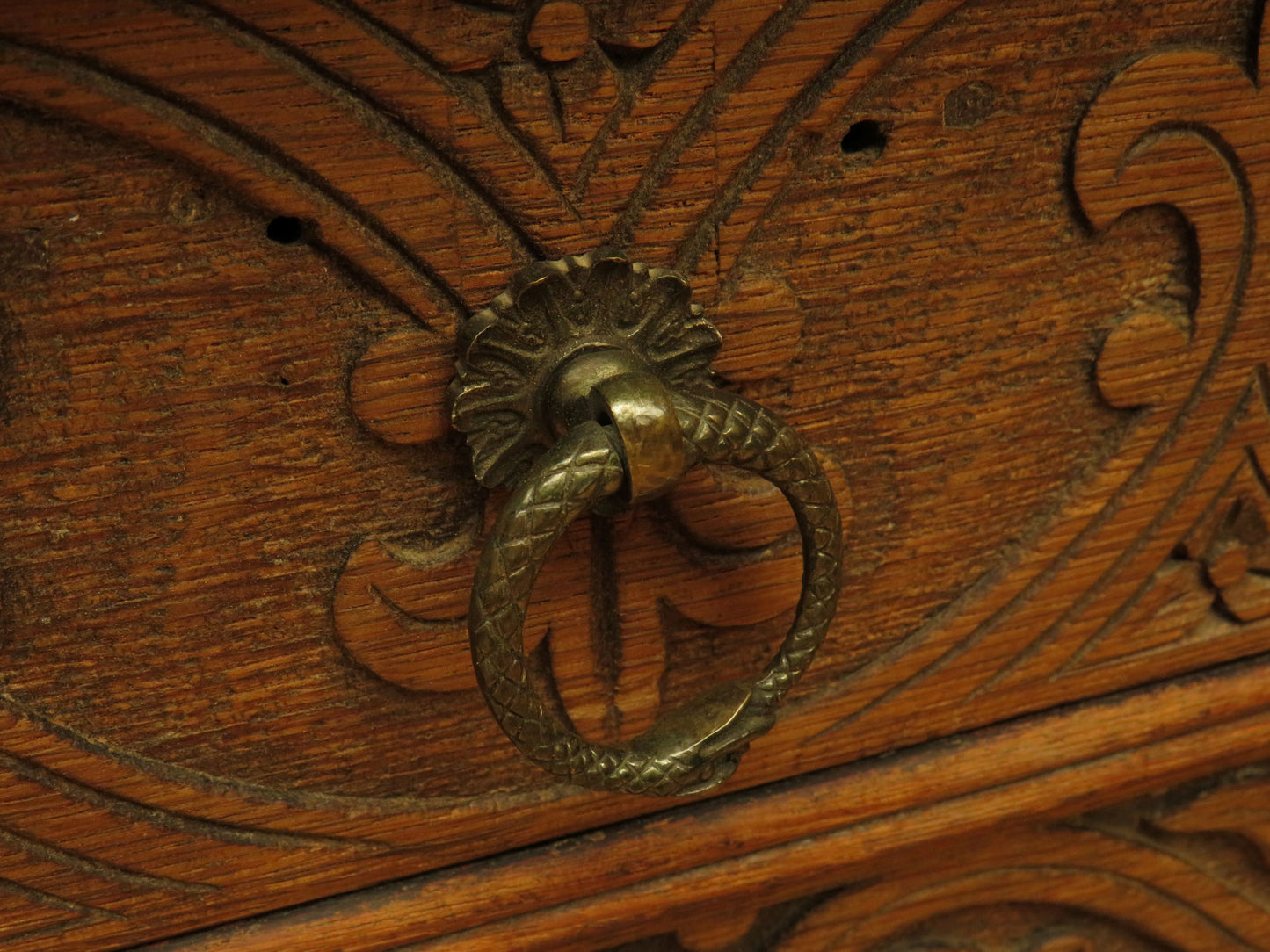 Antique Raw Oak Carved Bureau