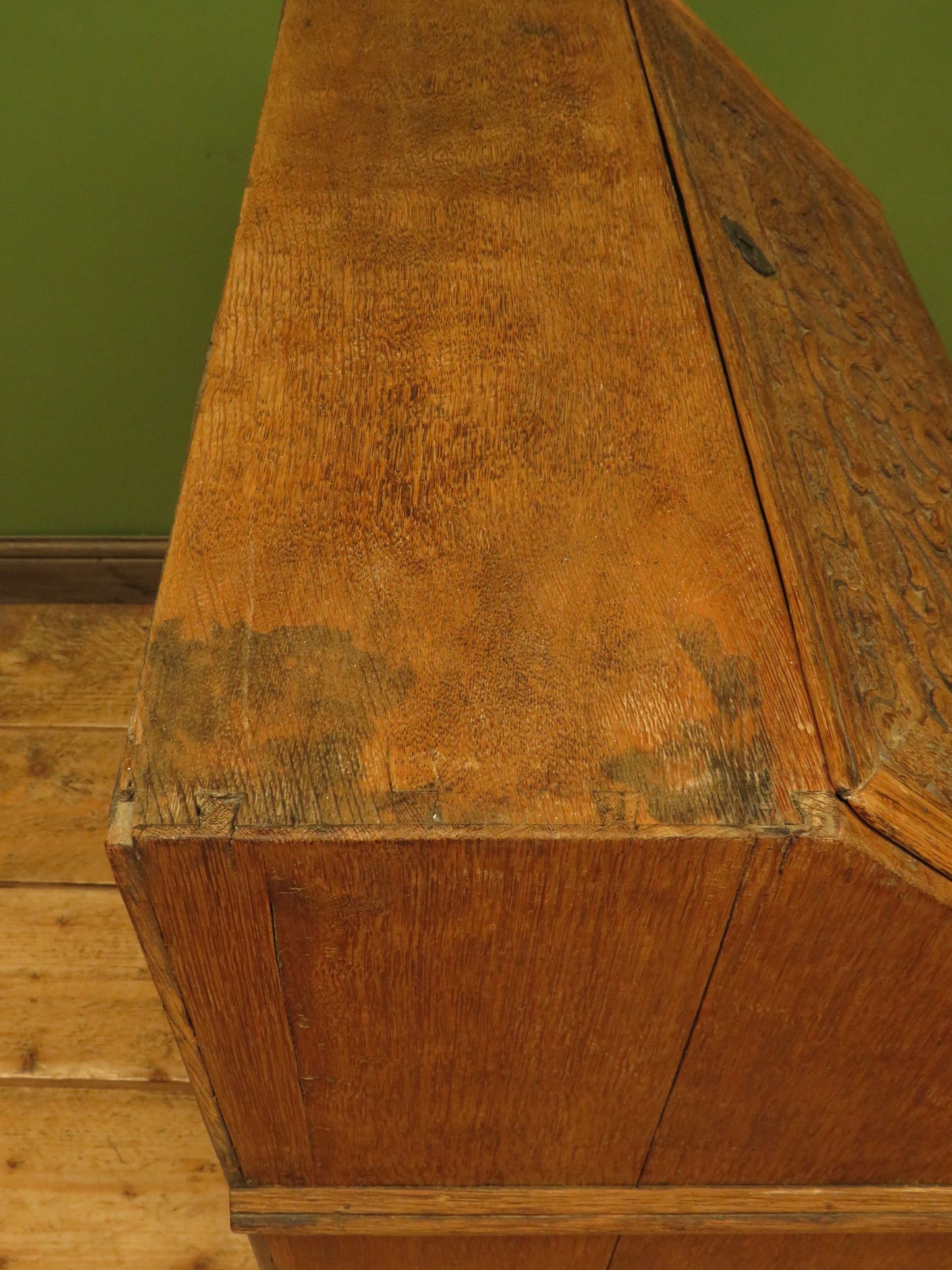 Antique Raw Oak Carved Bureau