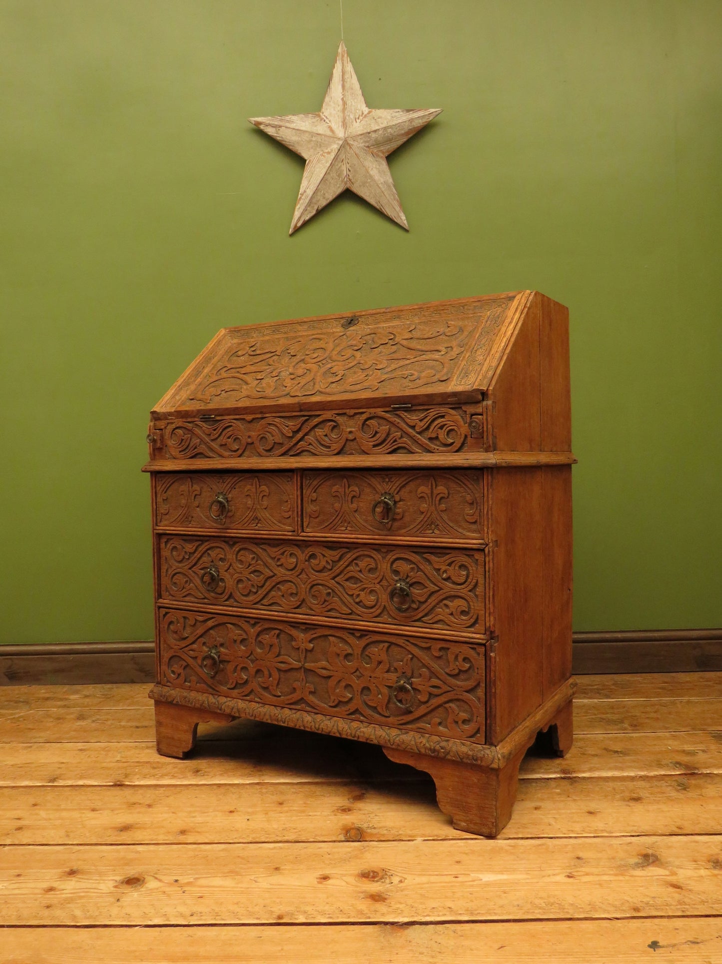 Antique Raw Oak Carved Bureau